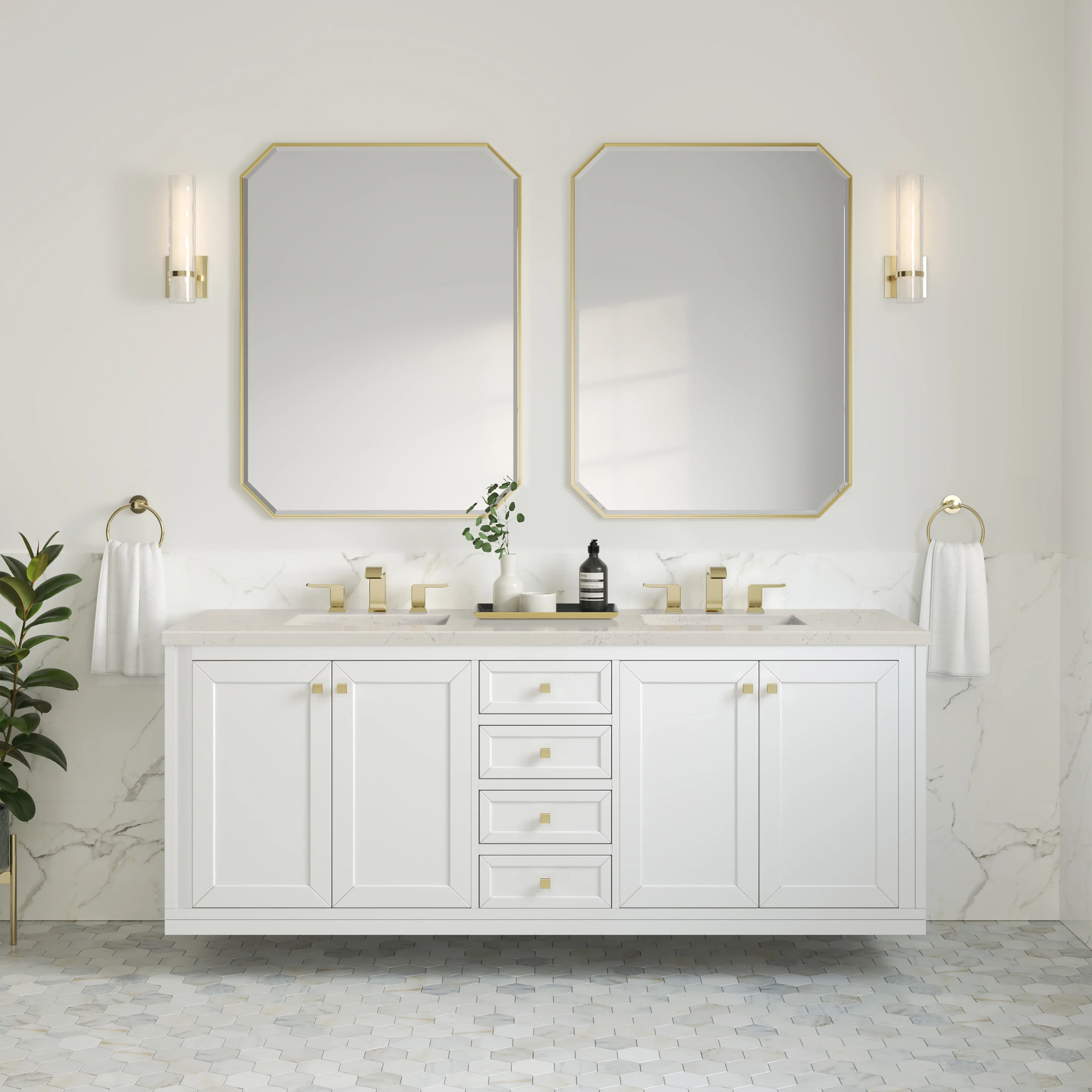 Chicago 72" Double Vanity, Glossy White, w/ 3 CM Siberian Silestone Top