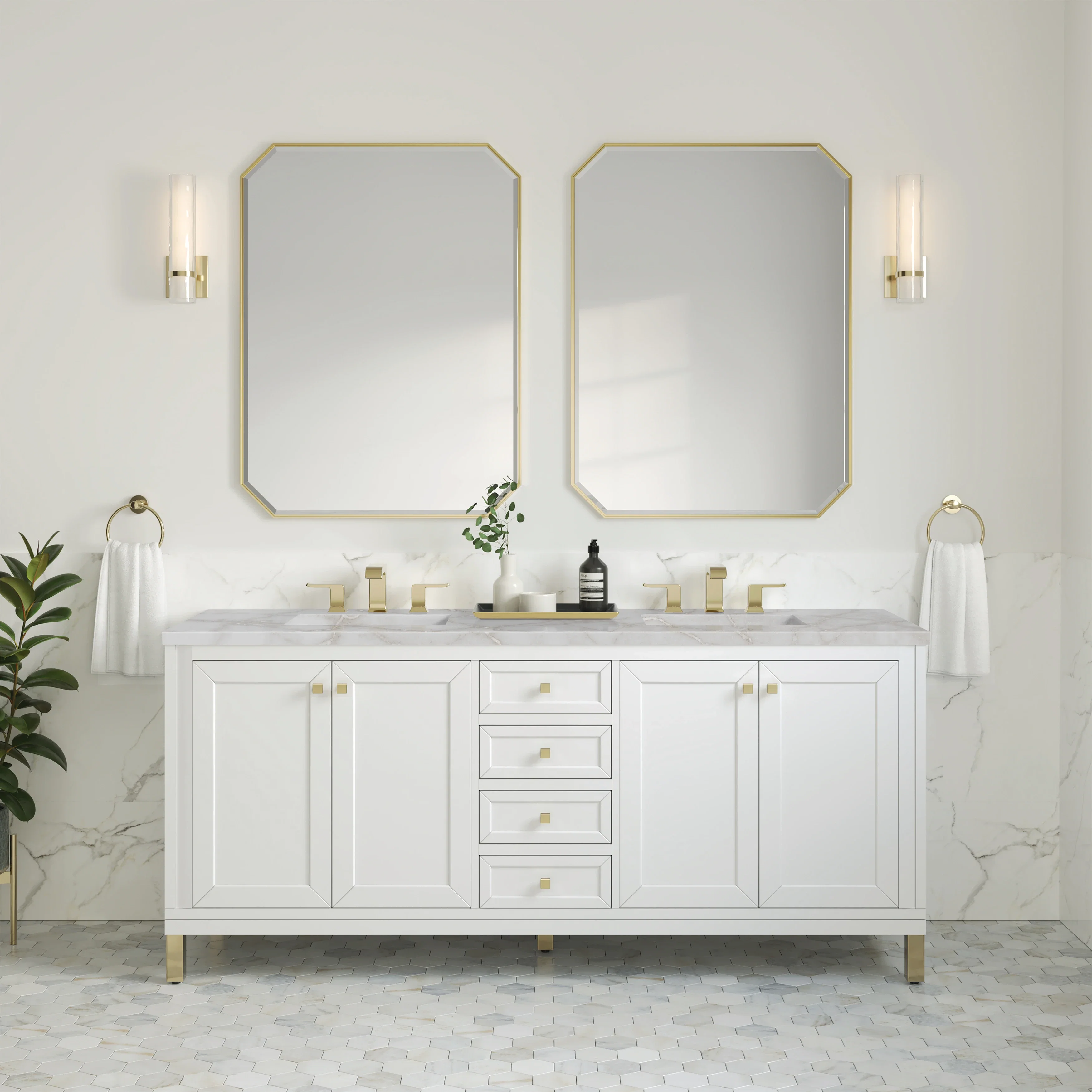 Chicago 72" Double Vanity, Glossy White, w/ 3 CM Victorian Silver Silestone® Top