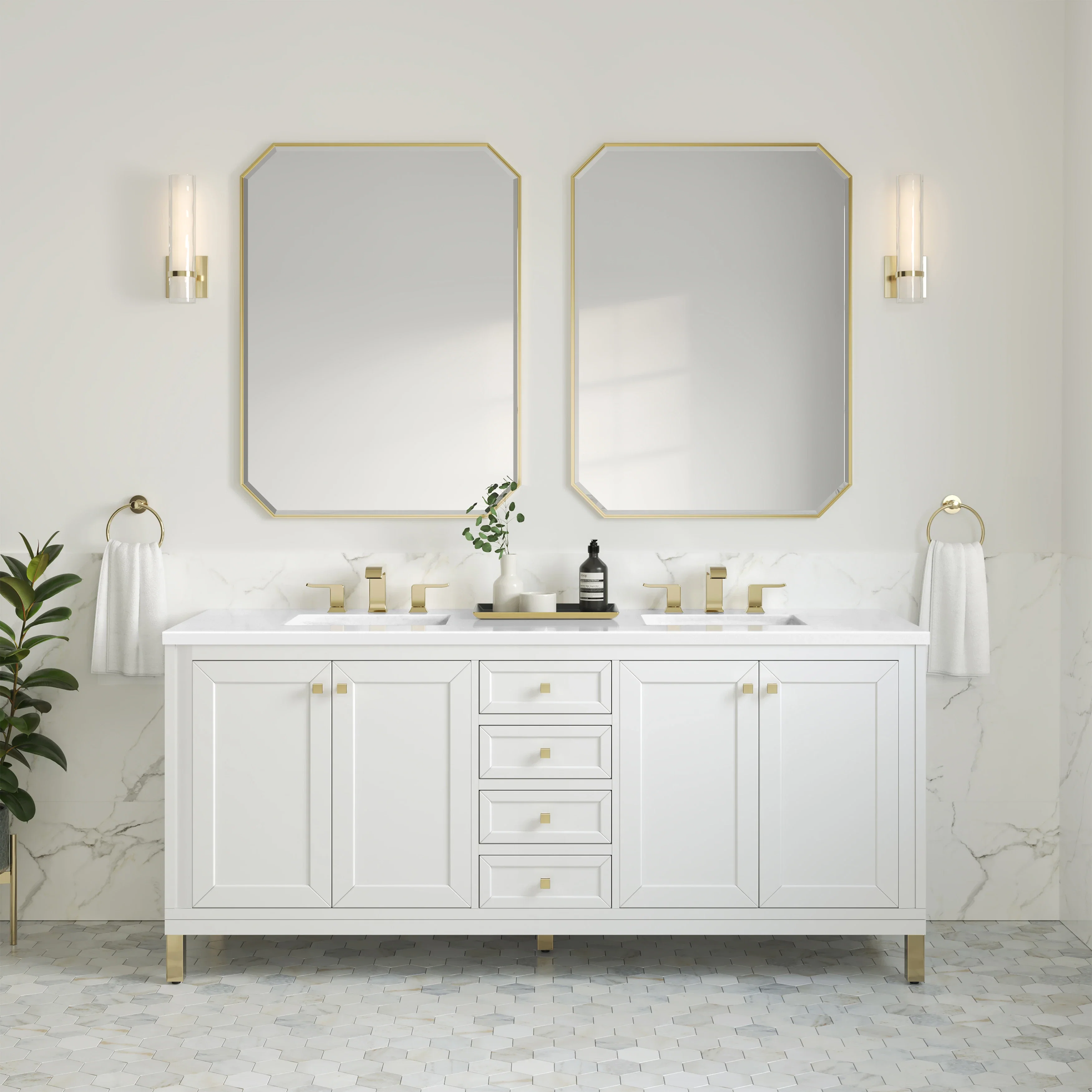 Chicago 72" Double Vanity, Glossy White, w/ 3 CM White Zeus Silestone® Top