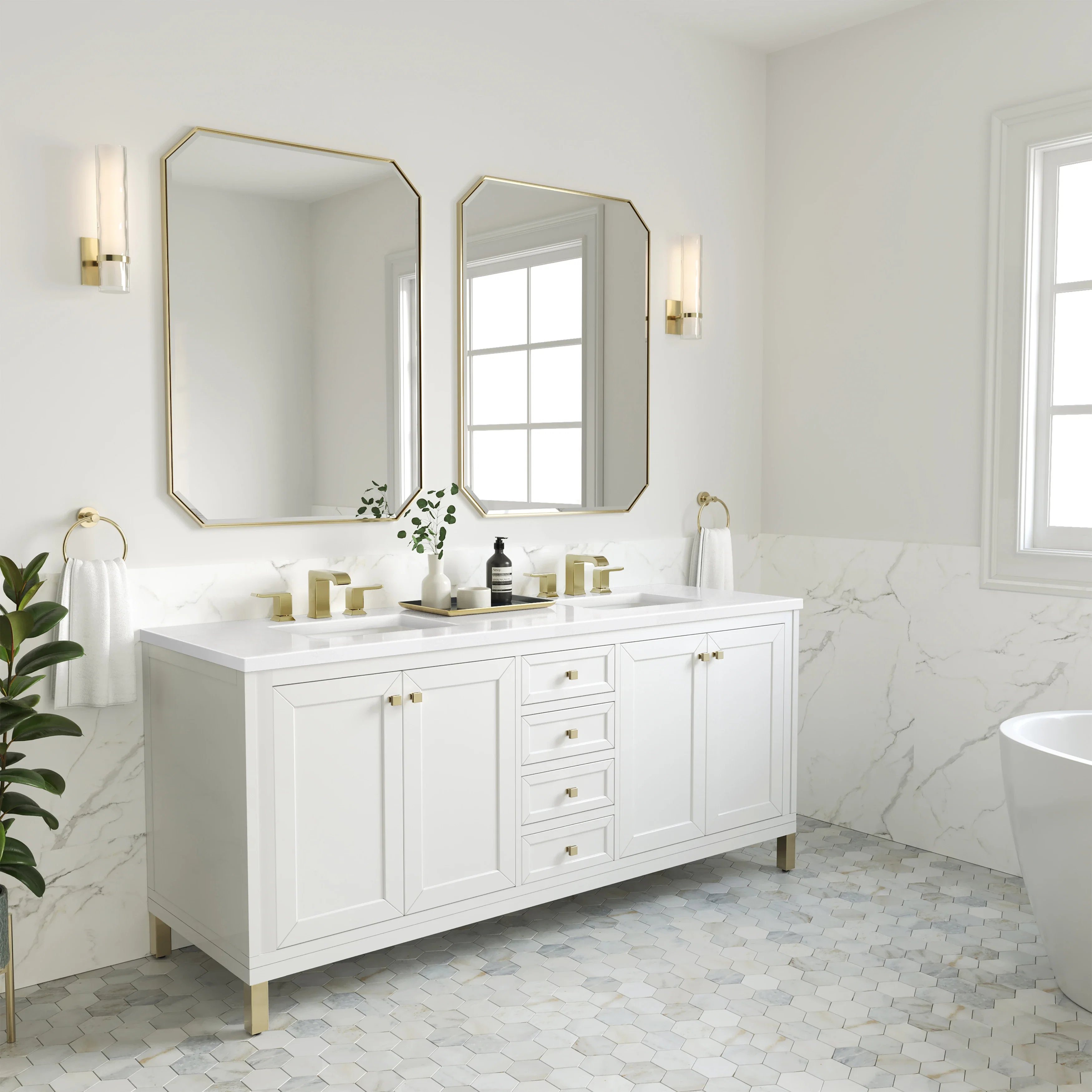 Chicago 72" Double Vanity, Glossy White, w/ 3 CM White Zeus Silestone® Top