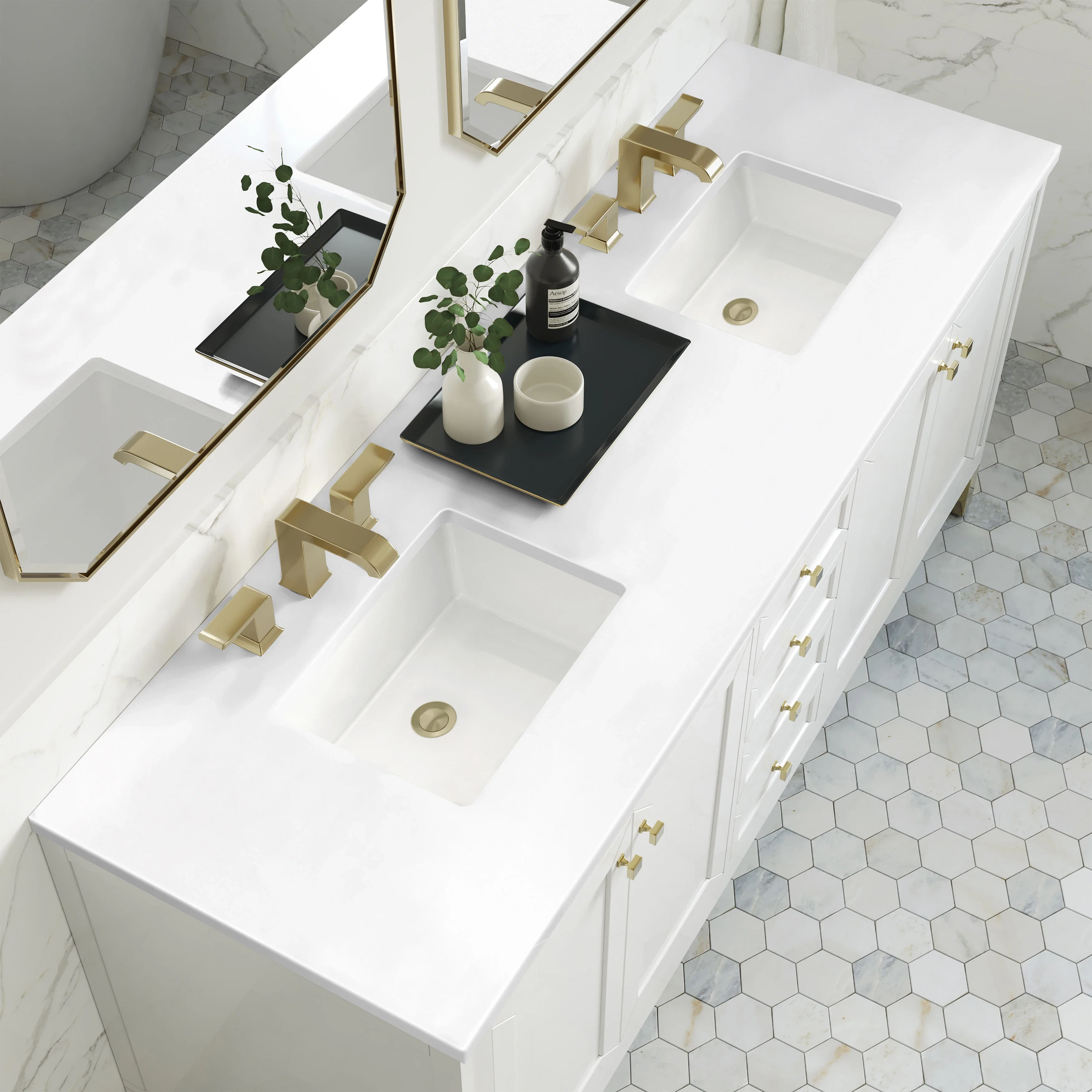 Chicago 72" Double Vanity, Glossy White, w/ 3 CM White Zeus Silestone® Top