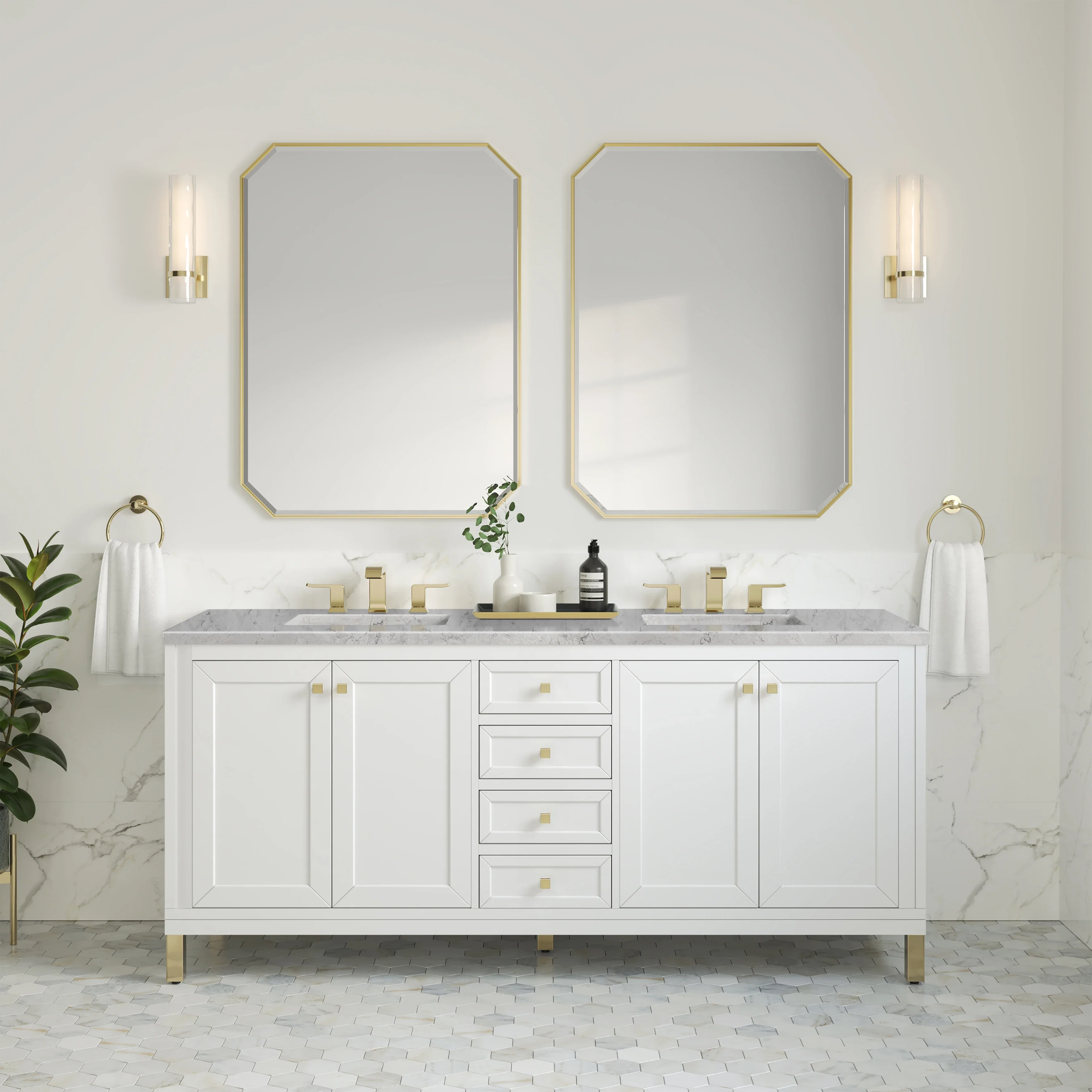 Chicago 72" Double Vanity, Glossy White, w/ 3 CM Eternal Jasmine Pearl Silestone Top w/ FreePower Wireless Charger