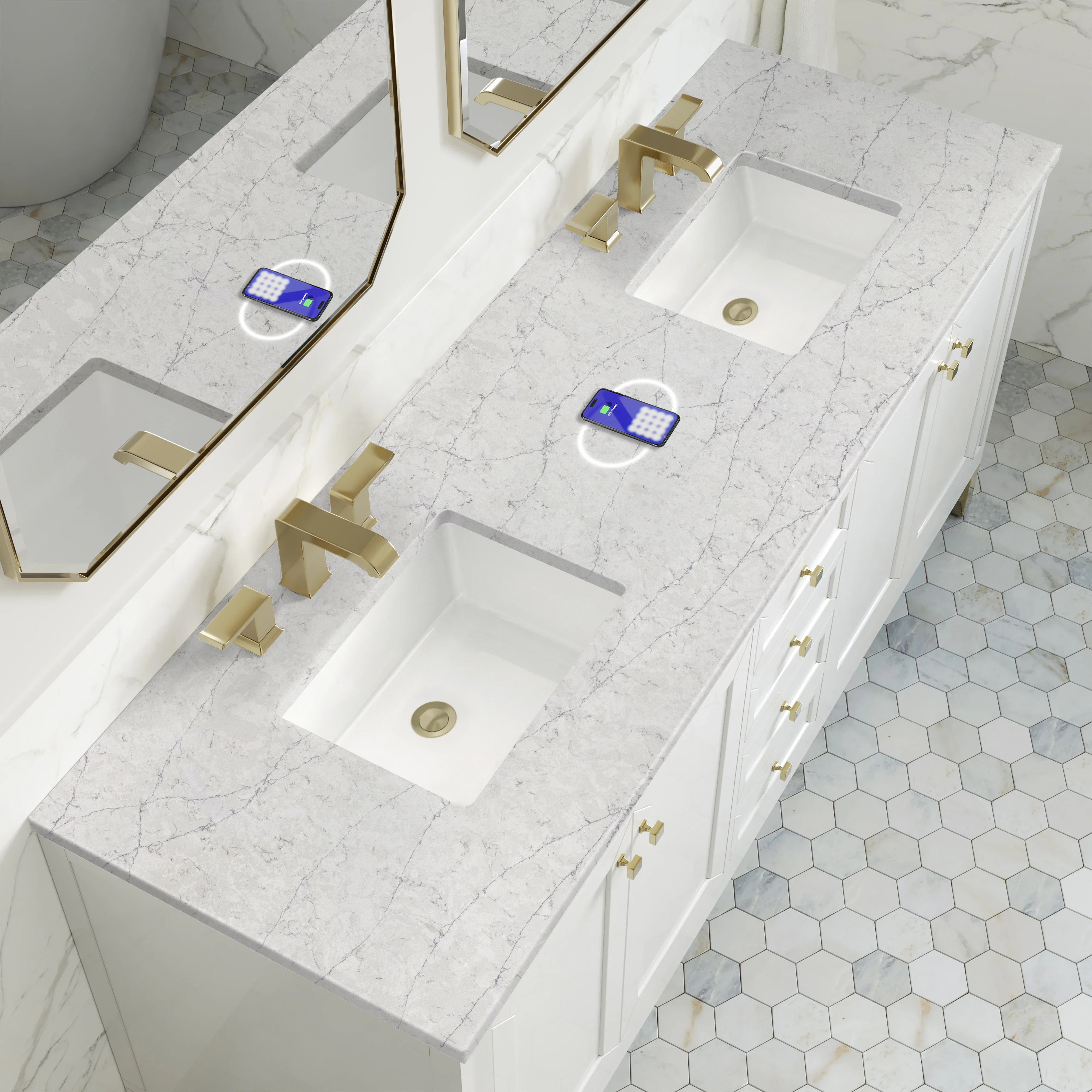 Chicago 72" Double Vanity, Glossy White, w/ 3 CM Eternal Jasmine Pearl Silestone Top w/ FreePower Wireless Charger