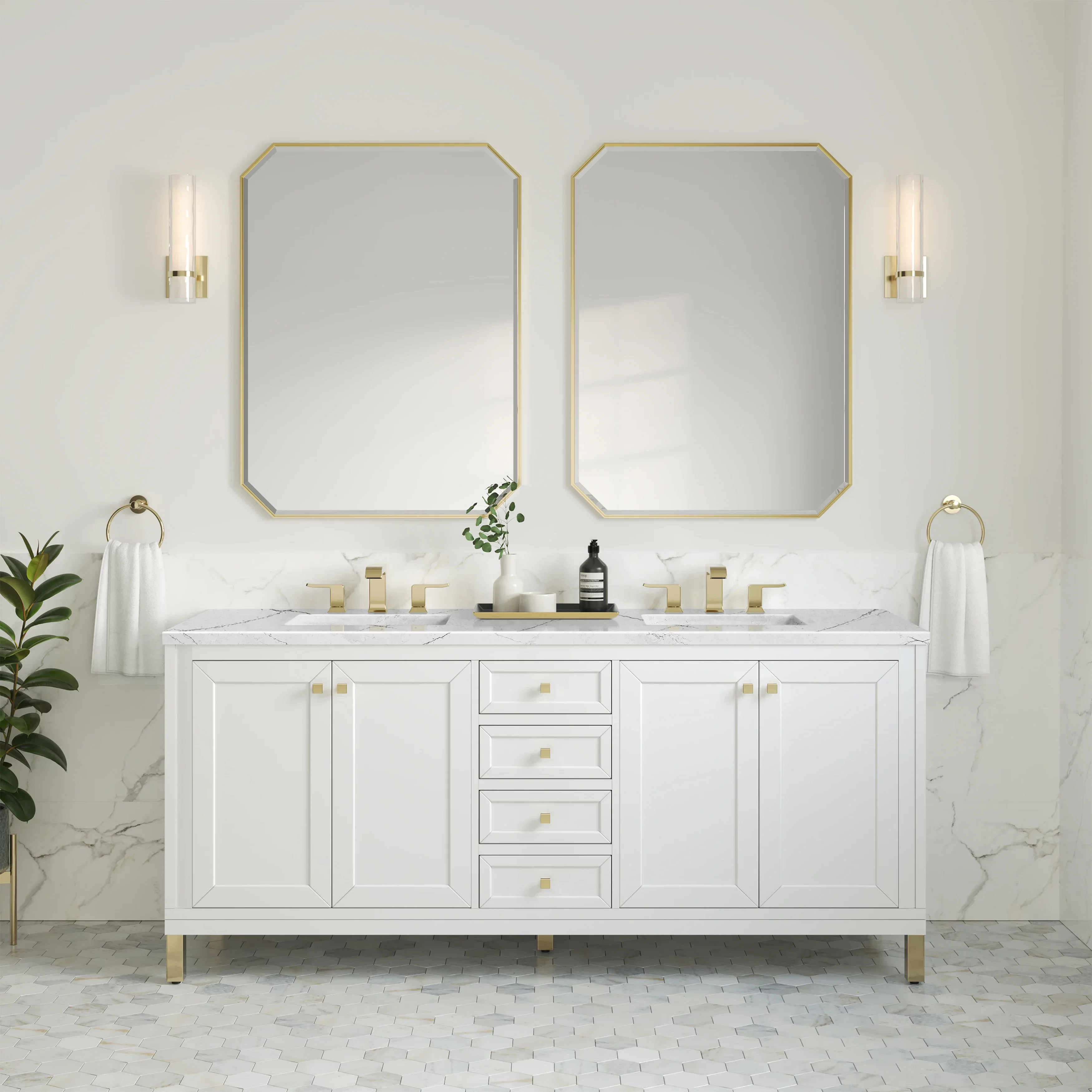 Chicago 72" Double Vanity, Glossy White, w/ 3 CM Ethereal Noctis Silestone Top w/ FreePower Wireless Charger