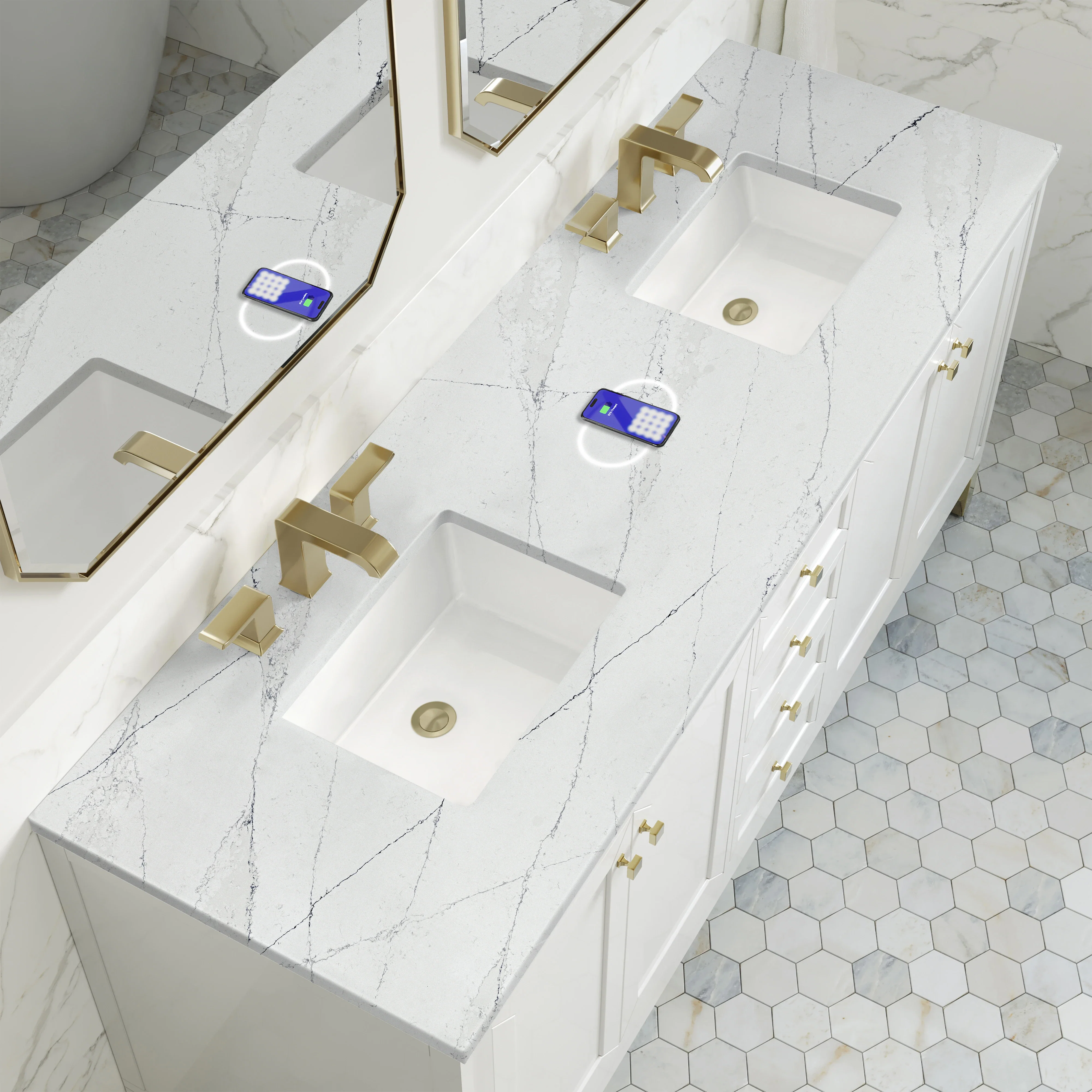 Chicago 72" Double Vanity, Glossy White, w/ 3 CM Ethereal Noctis Silestone Top w/ FreePower Wireless Charger