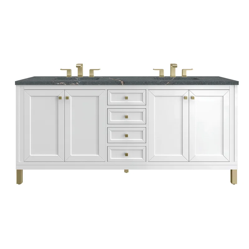 Chicago 72" Double Vanity, Glossy White, w/ 3 CM Parisien Bleu Silestone® Top w/FreePower Wireless Charger