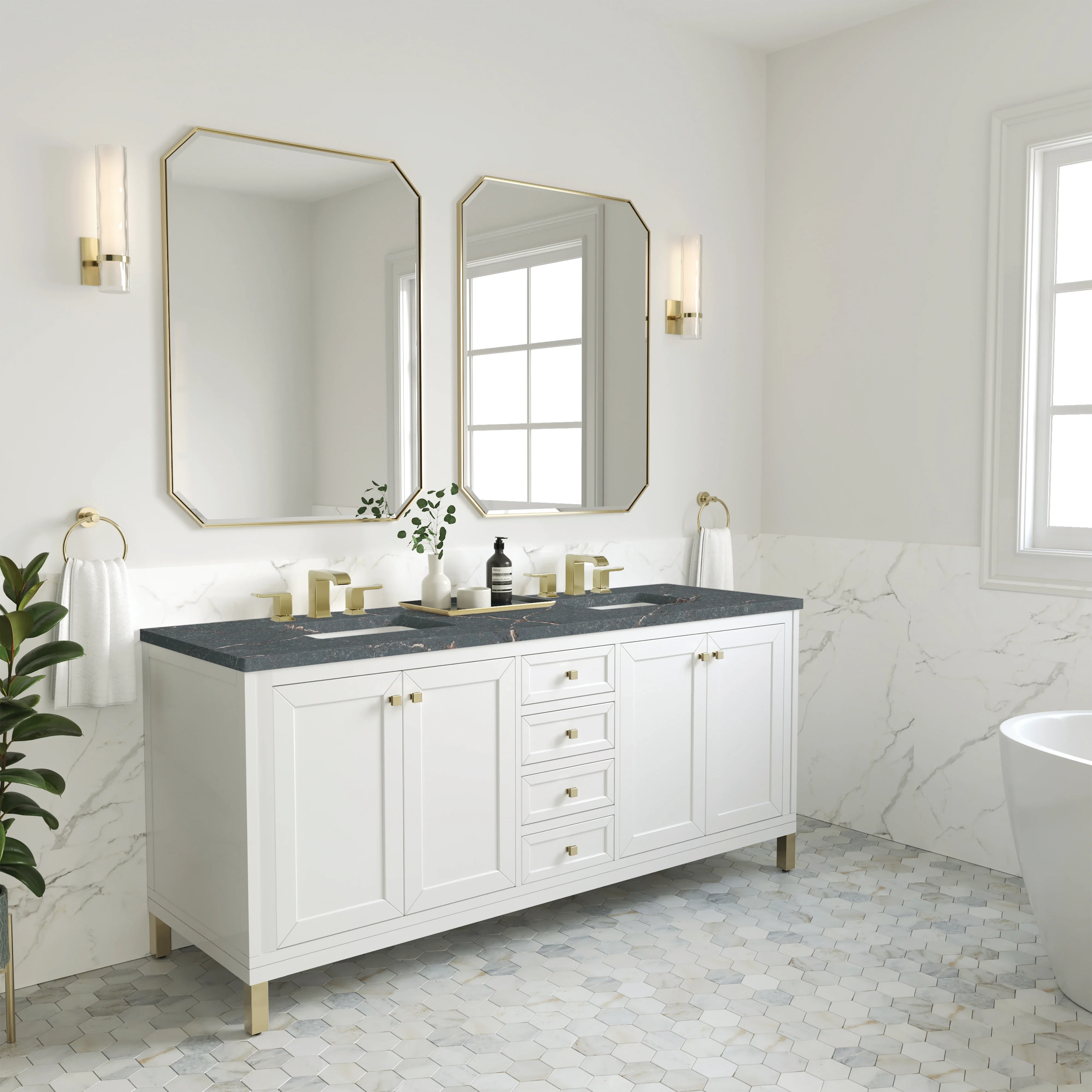 Chicago 72" Double Vanity, Glossy White, w/ 3 CM Parisien Bleu Silestone® Top w/FreePower Wireless Charger