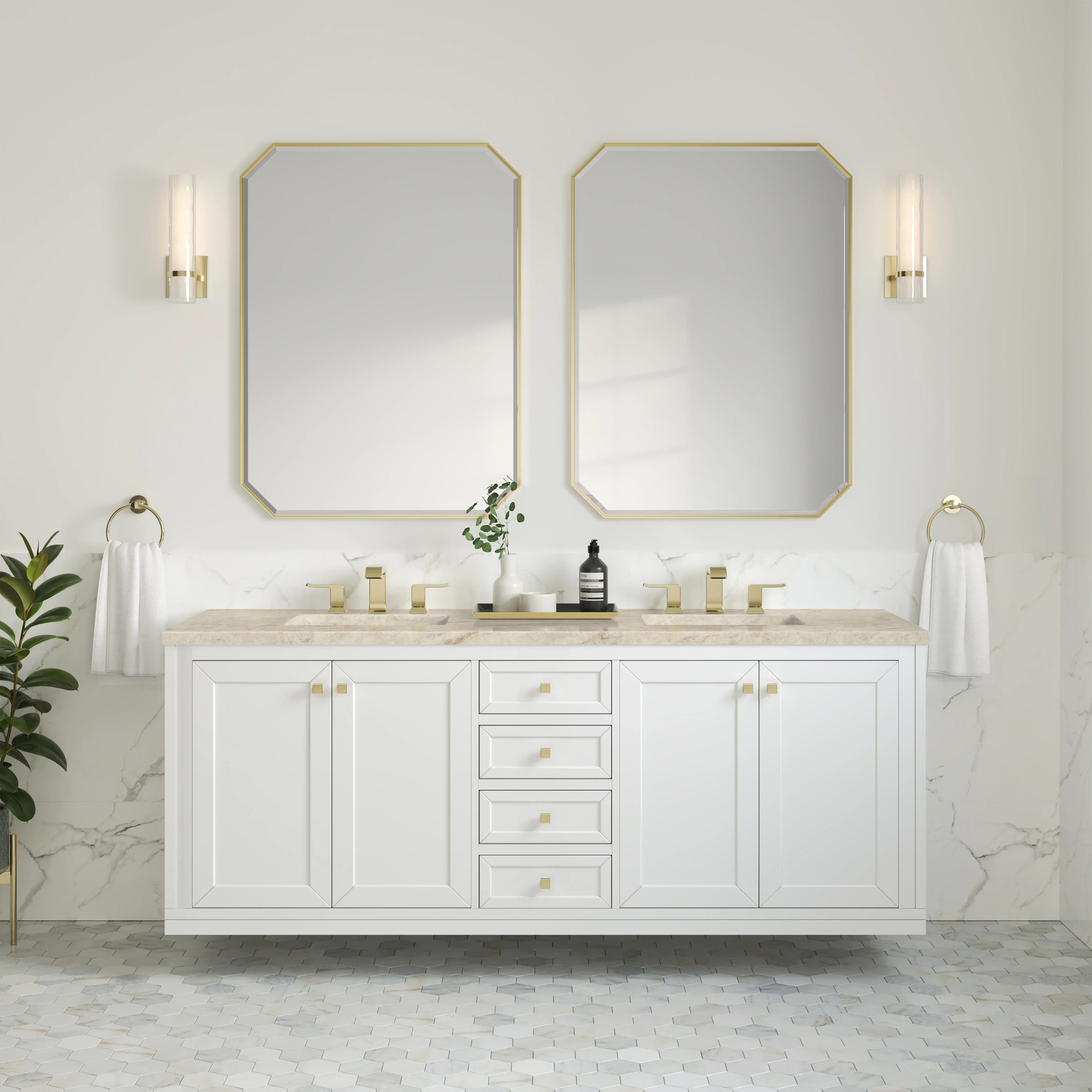 Chicago 72" Double Vanity, Glossy White, w/ 3 CM Tajnar Eclos Top w/FreePower Wireless Charger