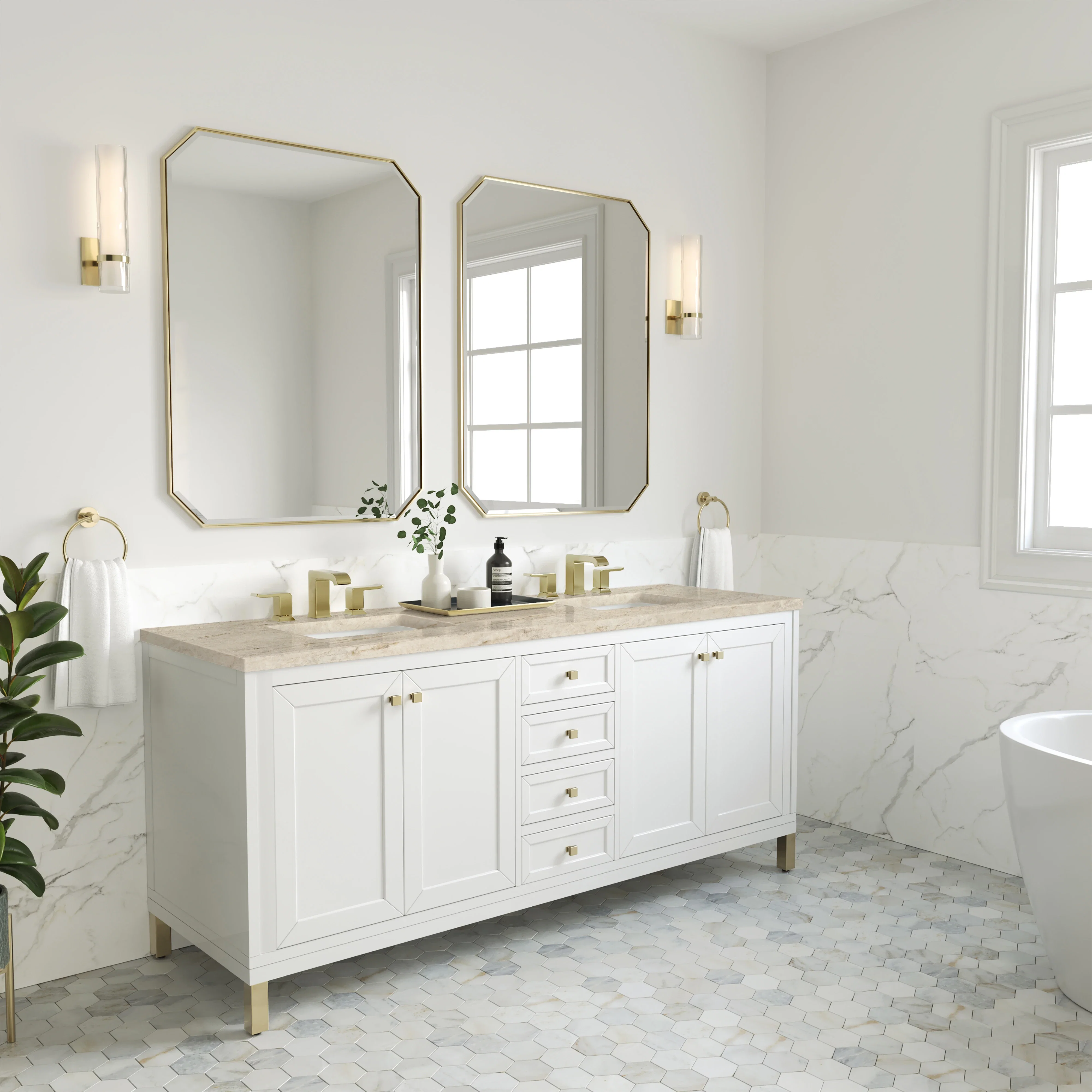 Chicago 72" Double Vanity, Glossy White, w/ 3 CM Tajnar Eclos Top w/FreePower Wireless Charger