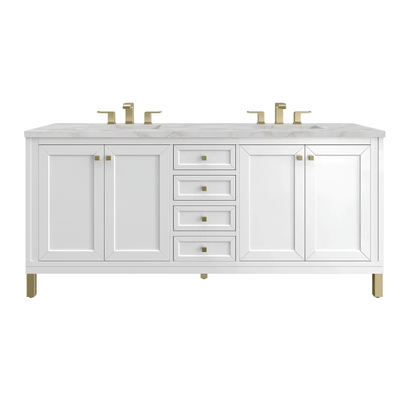 Chicago 72" Double Vanity, Glossy White, w/ 3 CM Victorian Silver Silestone Top w/ FreePower Wireless Charger