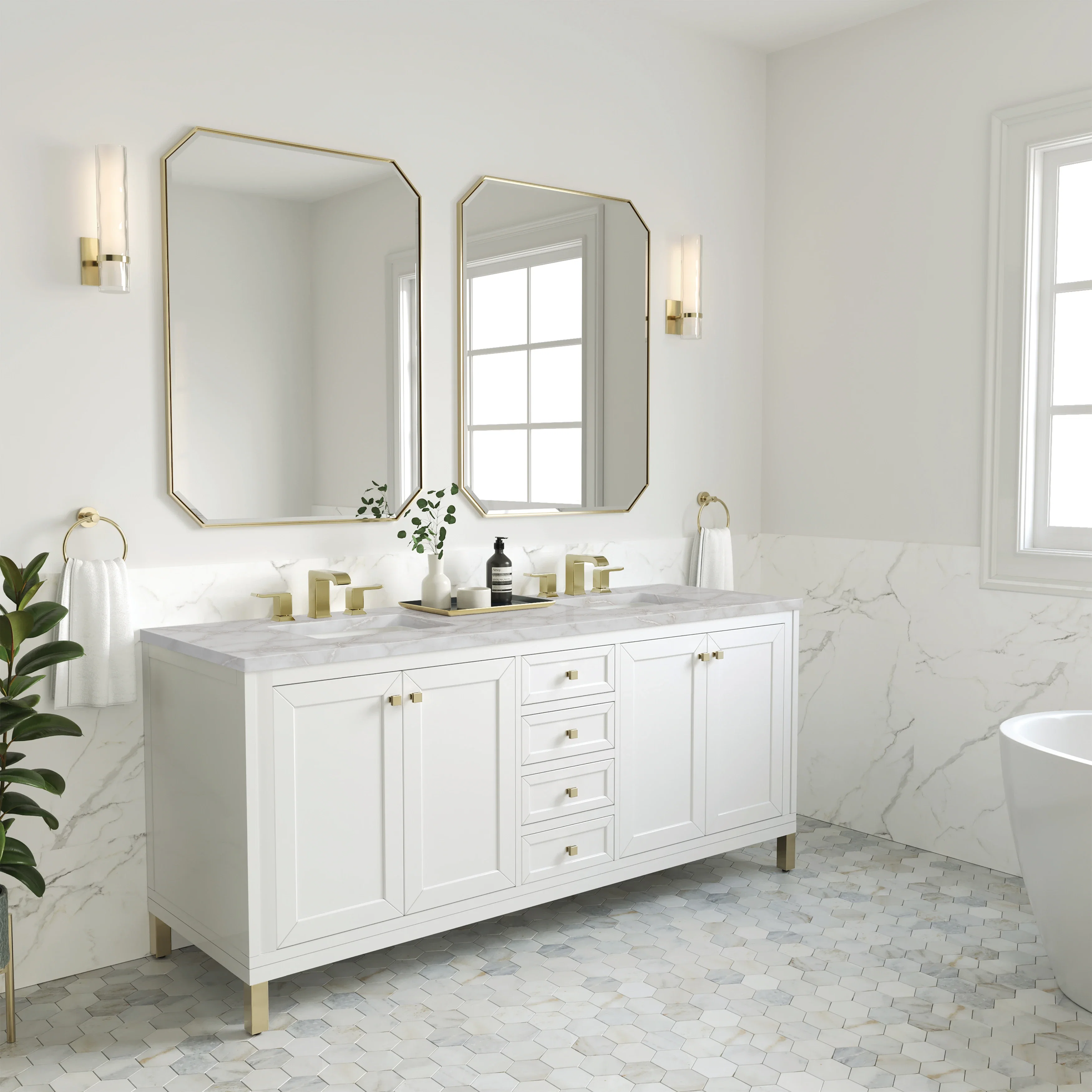 Chicago 72" Double Vanity, Glossy White, w/ 3 CM Victorian Silver Silestone Top w/ FreePower Wireless Charger