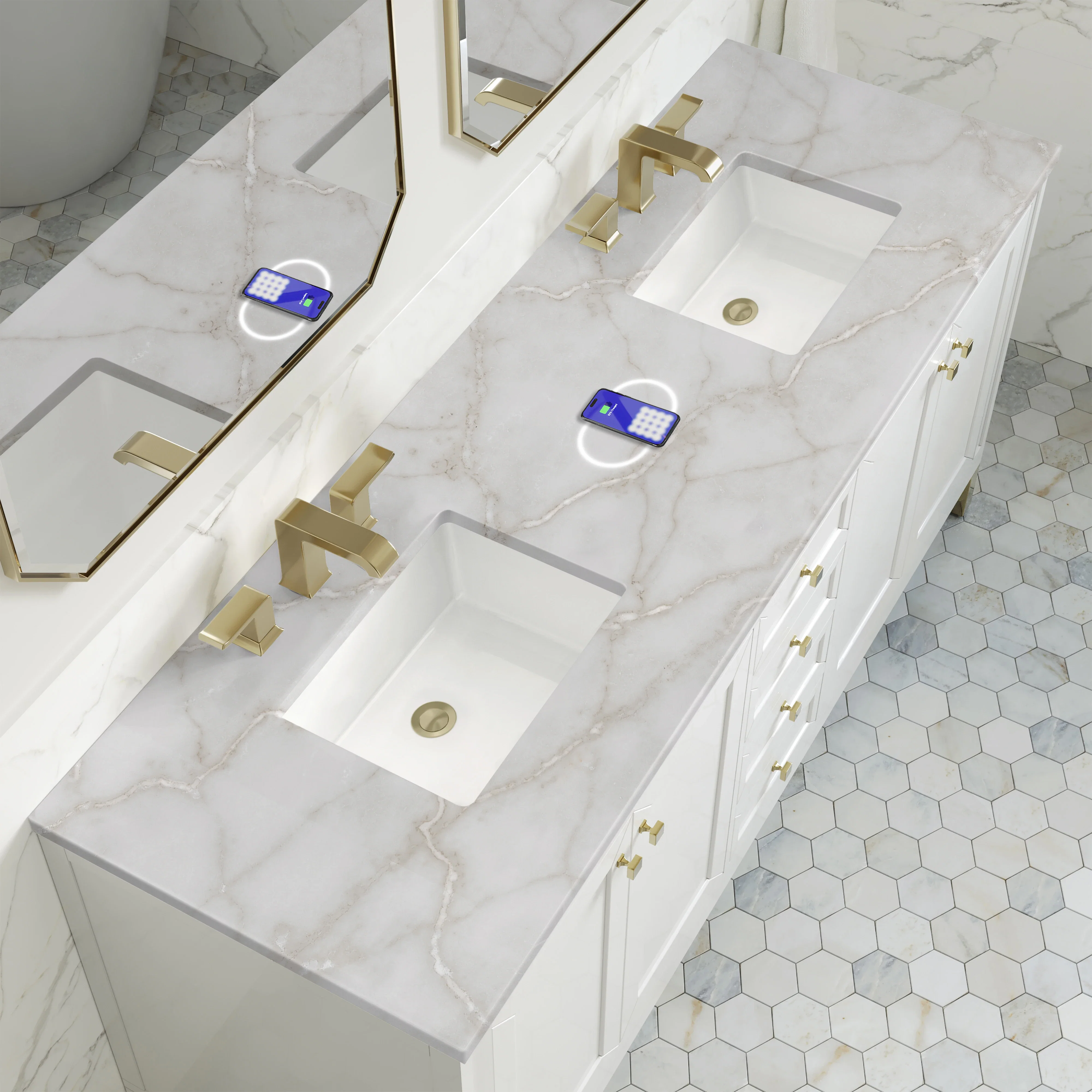 Chicago 72" Double Vanity, Glossy White, w/ 3 CM Victorian Silver Silestone Top w/ FreePower Wireless Charger