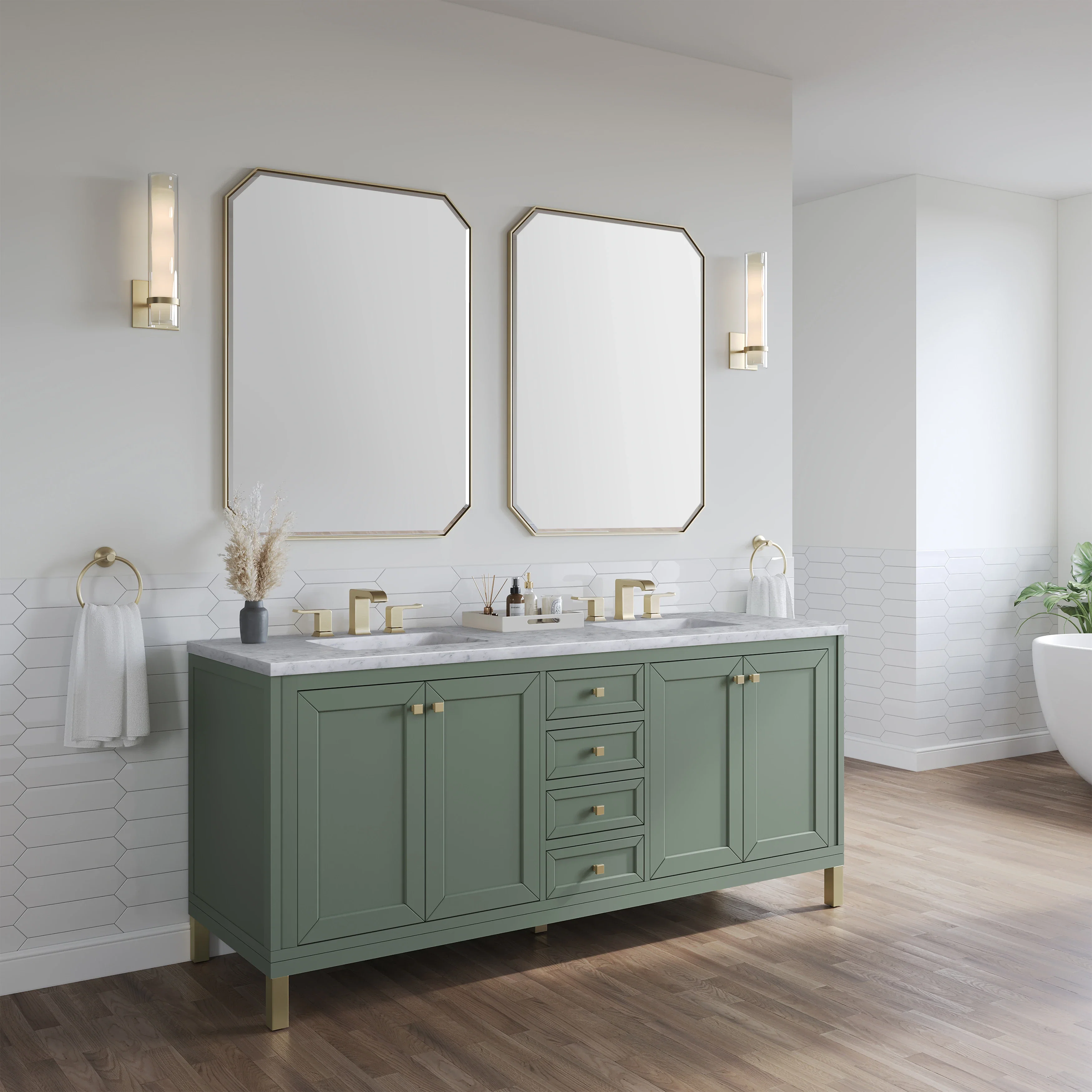 Chicago 72" Double Vanity, Smokey Celadon, w/ 3 CM Carrara Marble Top
