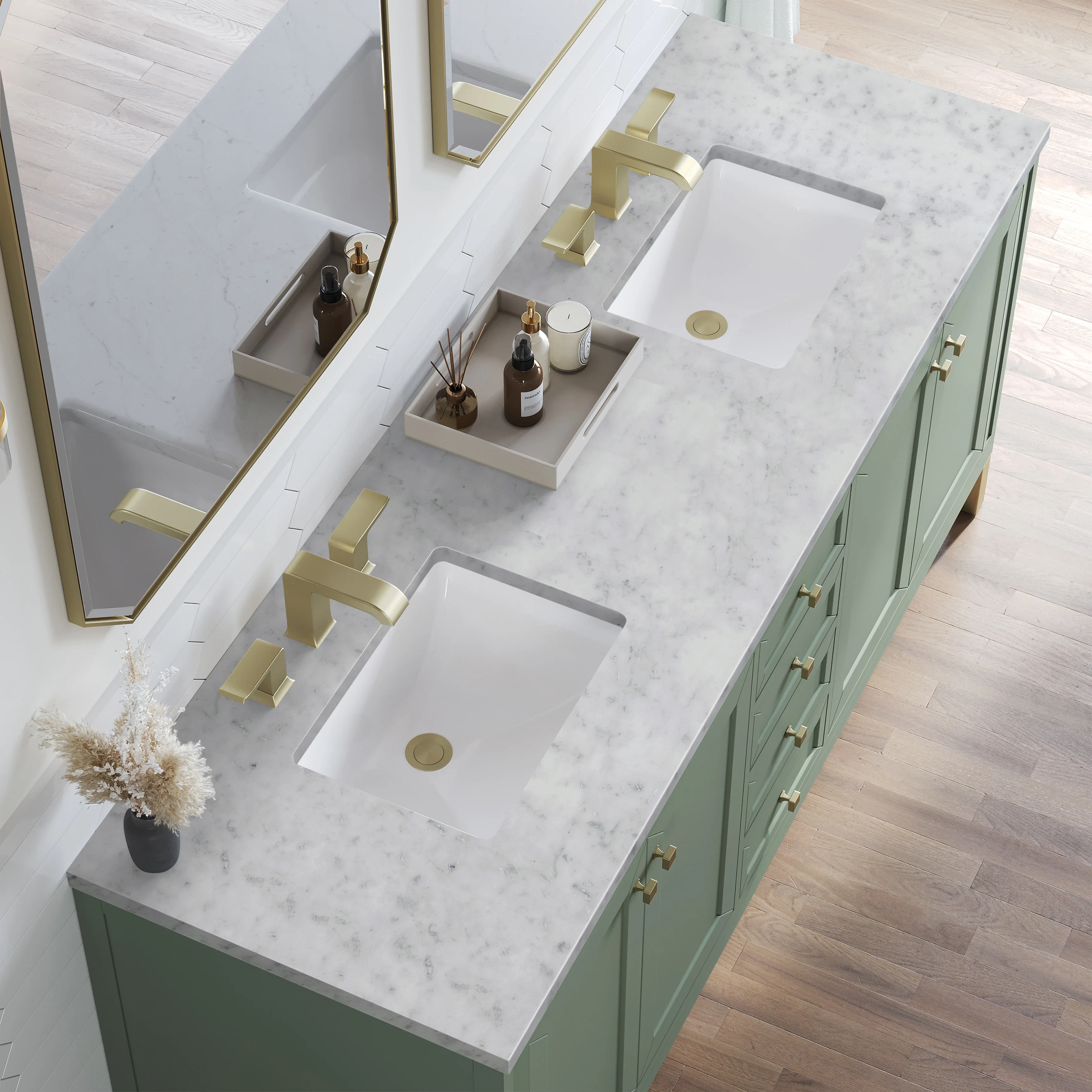 Chicago 72" Double Vanity, Smokey Celadon, w/ 3 CM Carrara Marble Top
