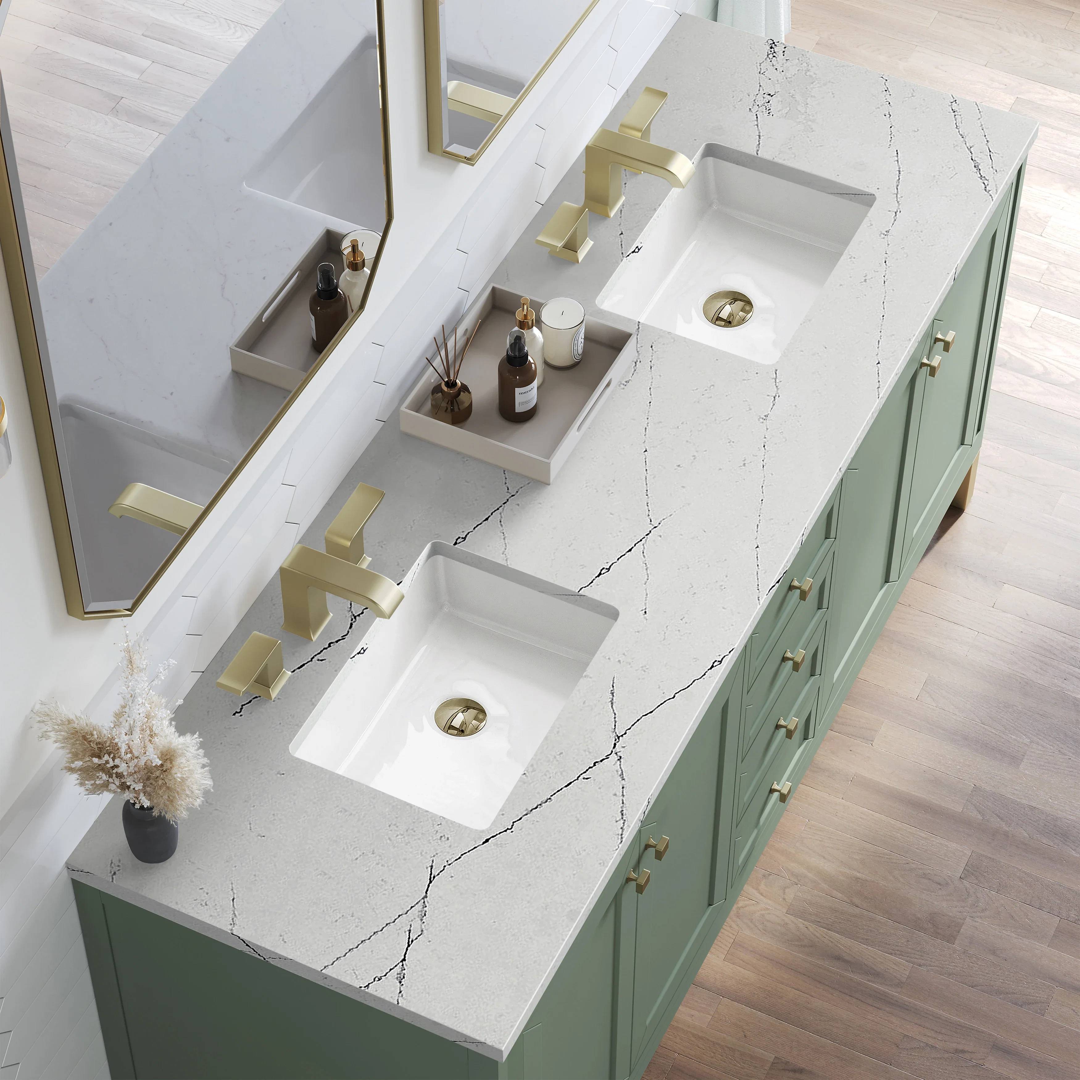 Chicago 72" Double Vanity, Smokey Celadon, w/ 3 CM Ethereal Noctis Silestone® Top