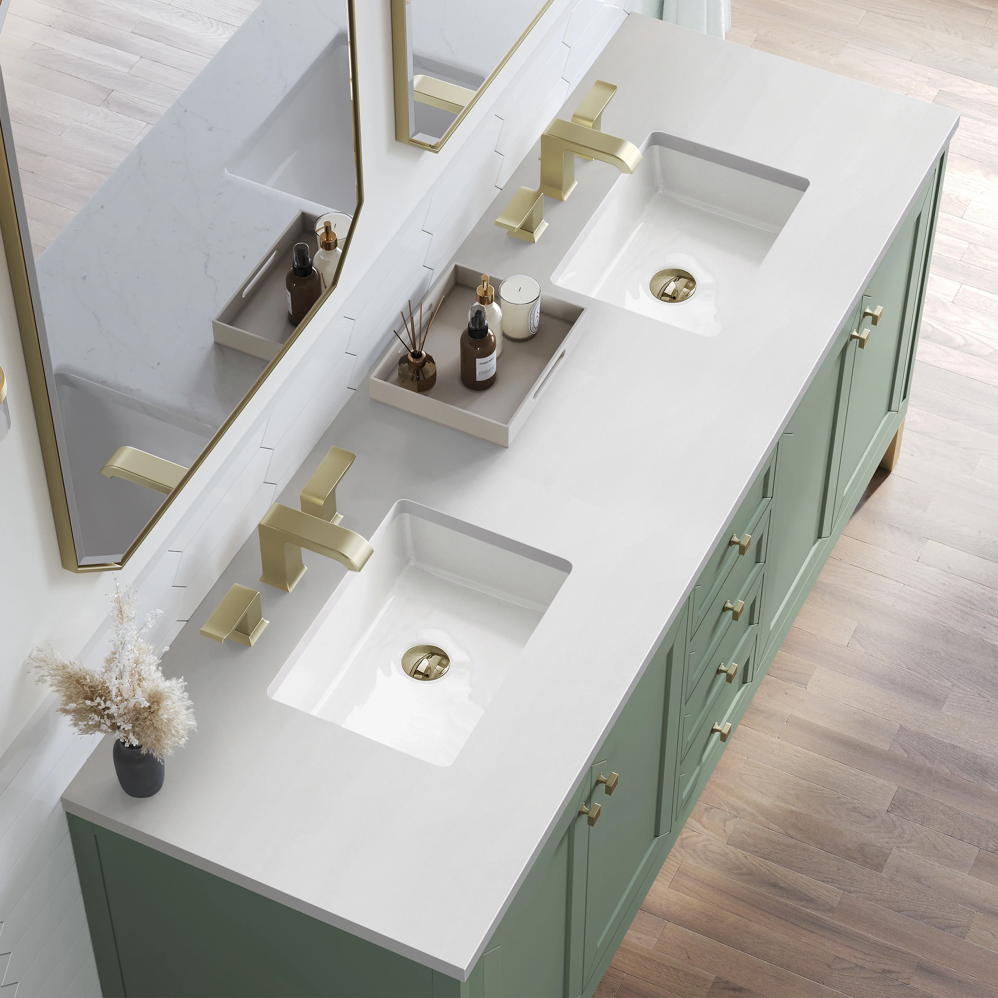 Chicago 72" Double Vanity, Smokey Celadon, w/ 3 CM White Zeus Silestone® Top