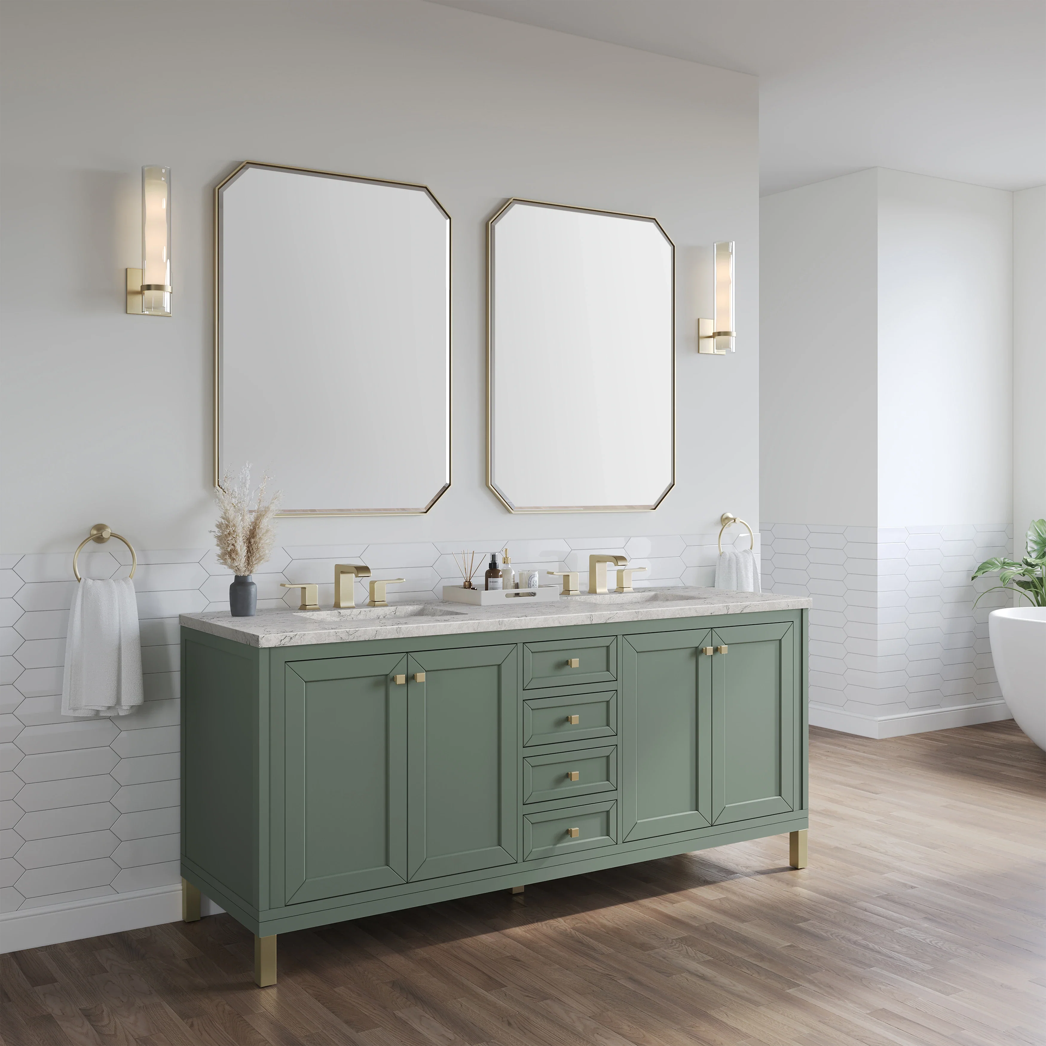 Chicago 72" Double Vanity, Smokey Celadon, w/ 3 CM Eternal Jasmine Pearl Silestone Top w/ FreePower Wireless Charger