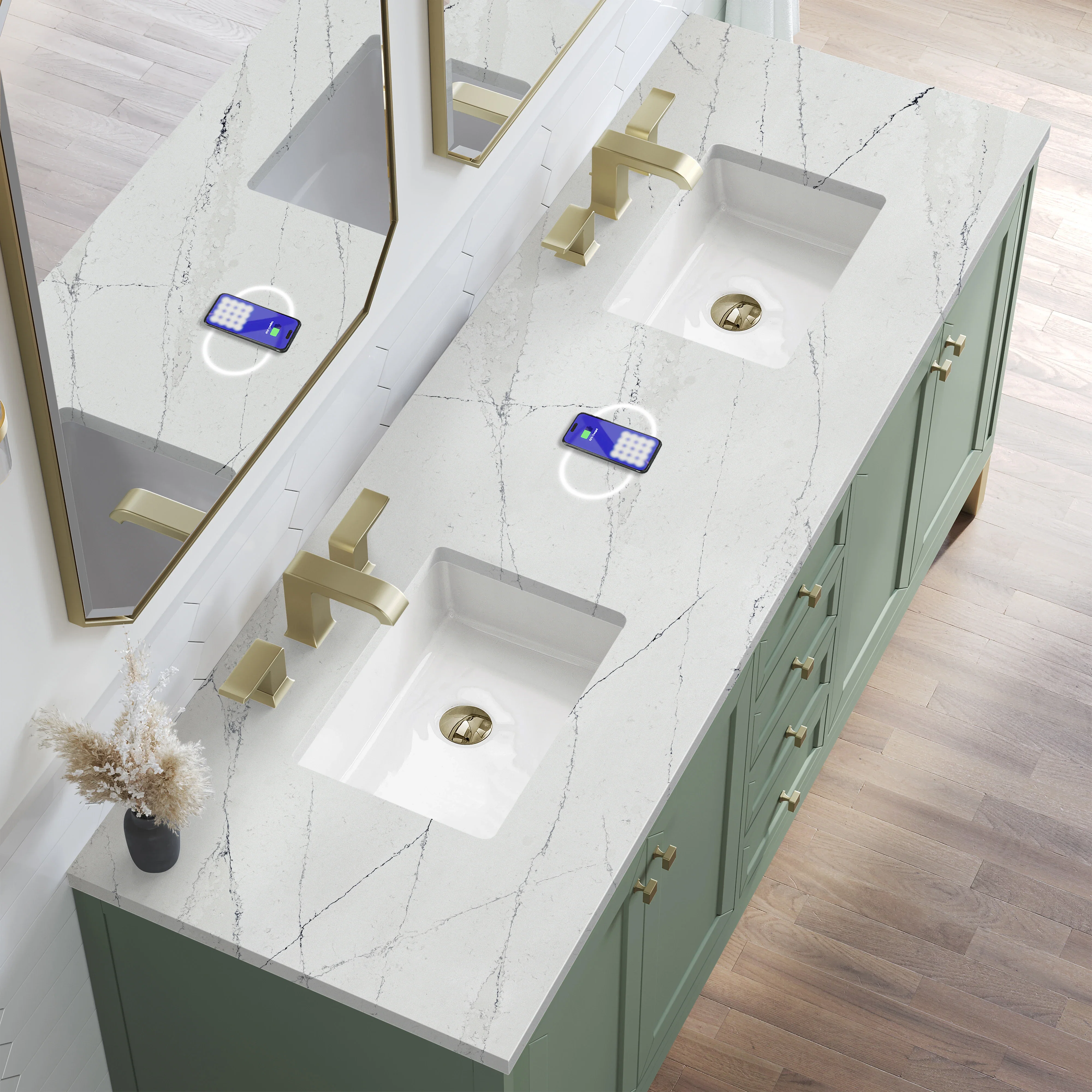Chicago 72" Double Vanity, Smokey Celadon, w/ 3 CM Ethereal Noctis Silestone Top w/ FreePower Wireless Charger