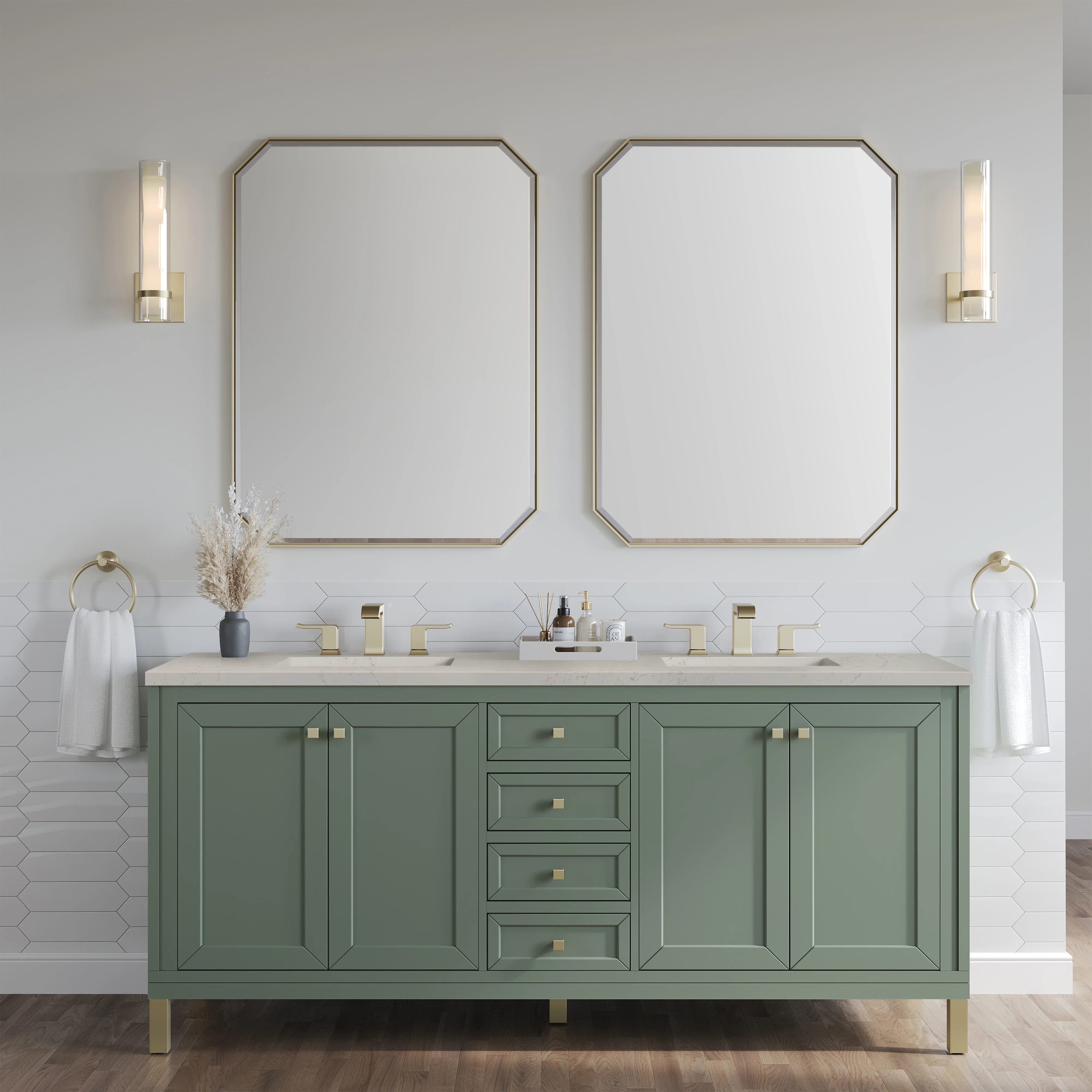 Chicago 72" Double Vanity, Smokey Celadon, w/ 3 CM Siberian Silestone Top w/FreePower Wireless Charger