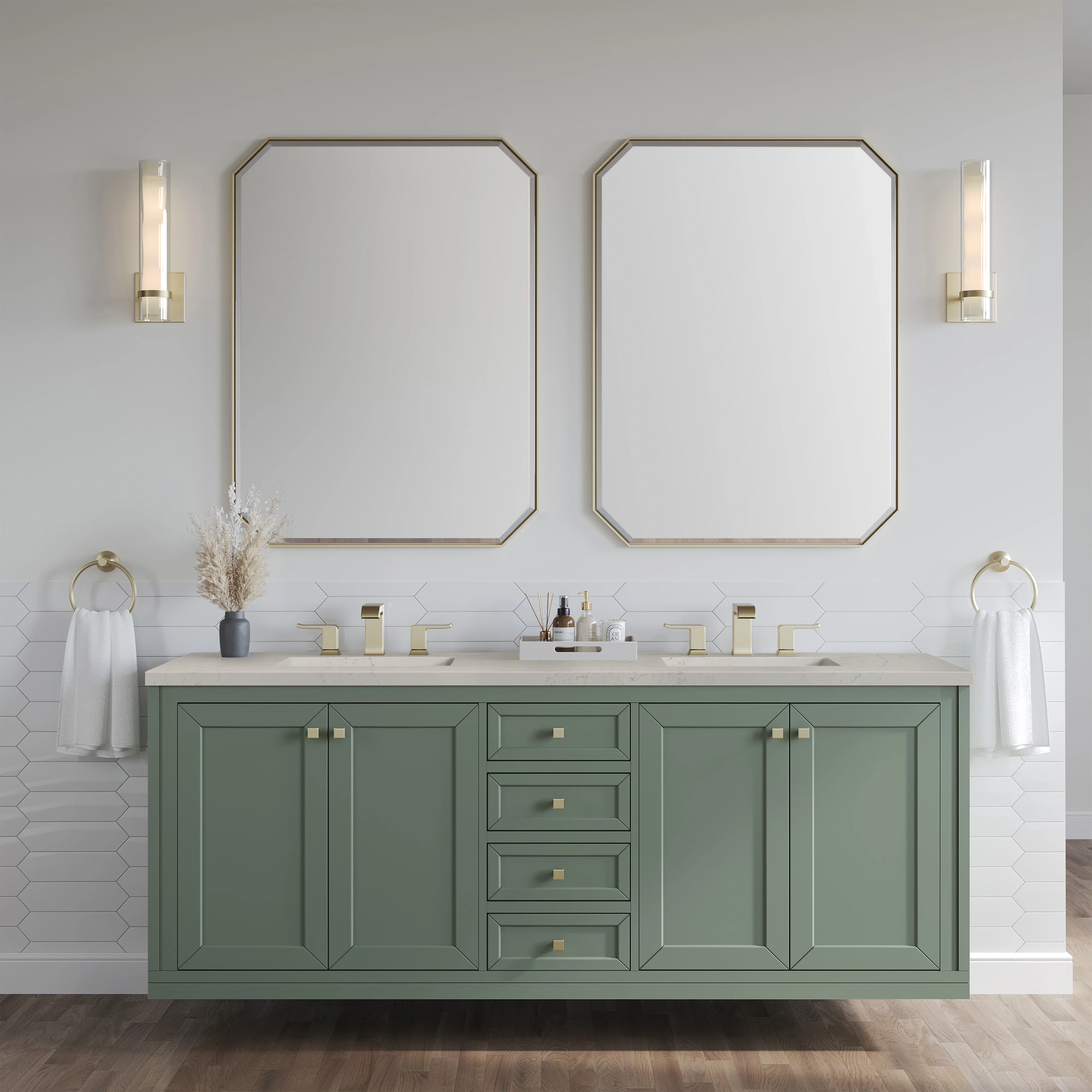 Chicago 72" Double Vanity, Smokey Celadon, w/ 3 CM Siberian Silestone Top w/FreePower Wireless Charger