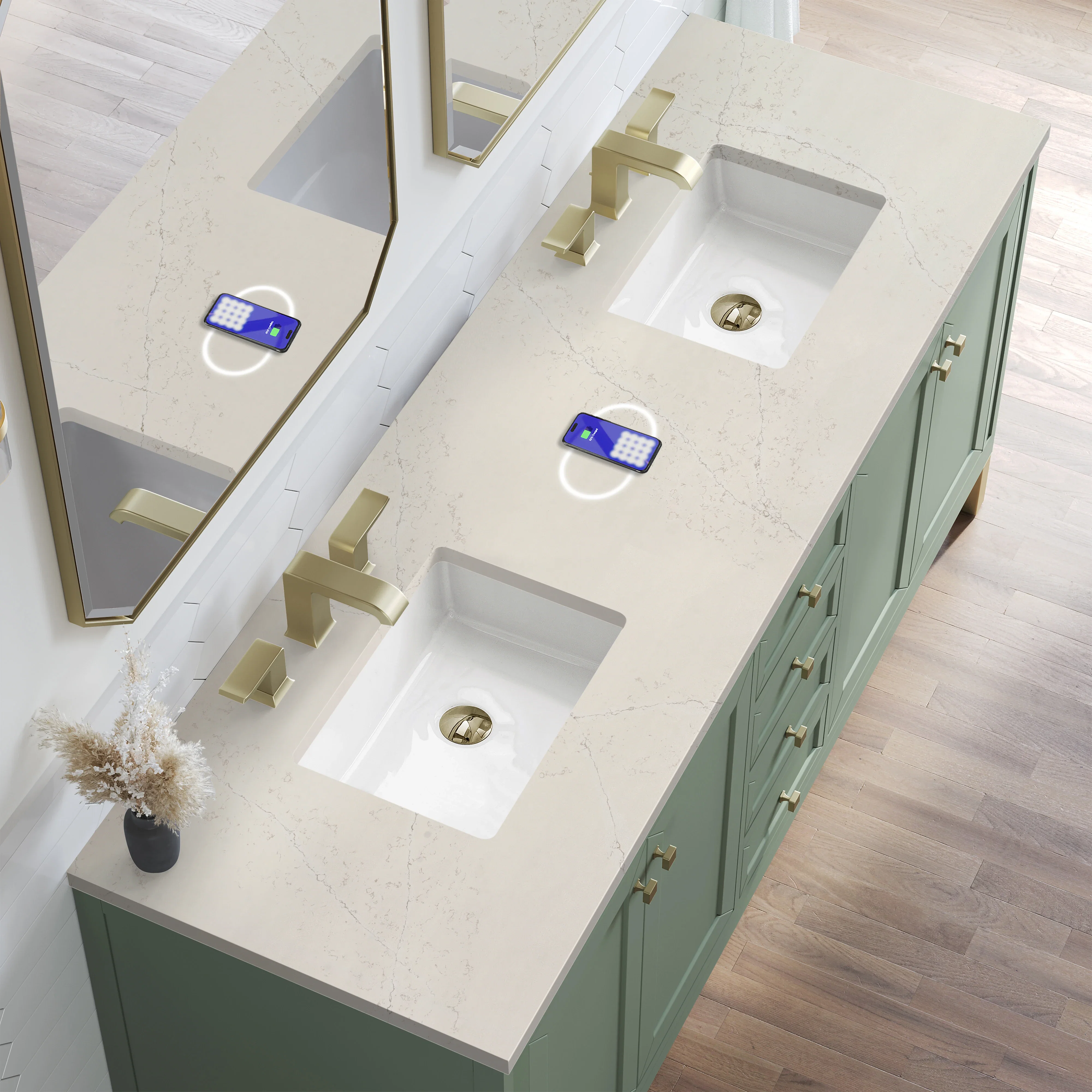 Chicago 72" Double Vanity, Smokey Celadon, w/ 3 CM Siberian Silestone Top w/FreePower Wireless Charger
