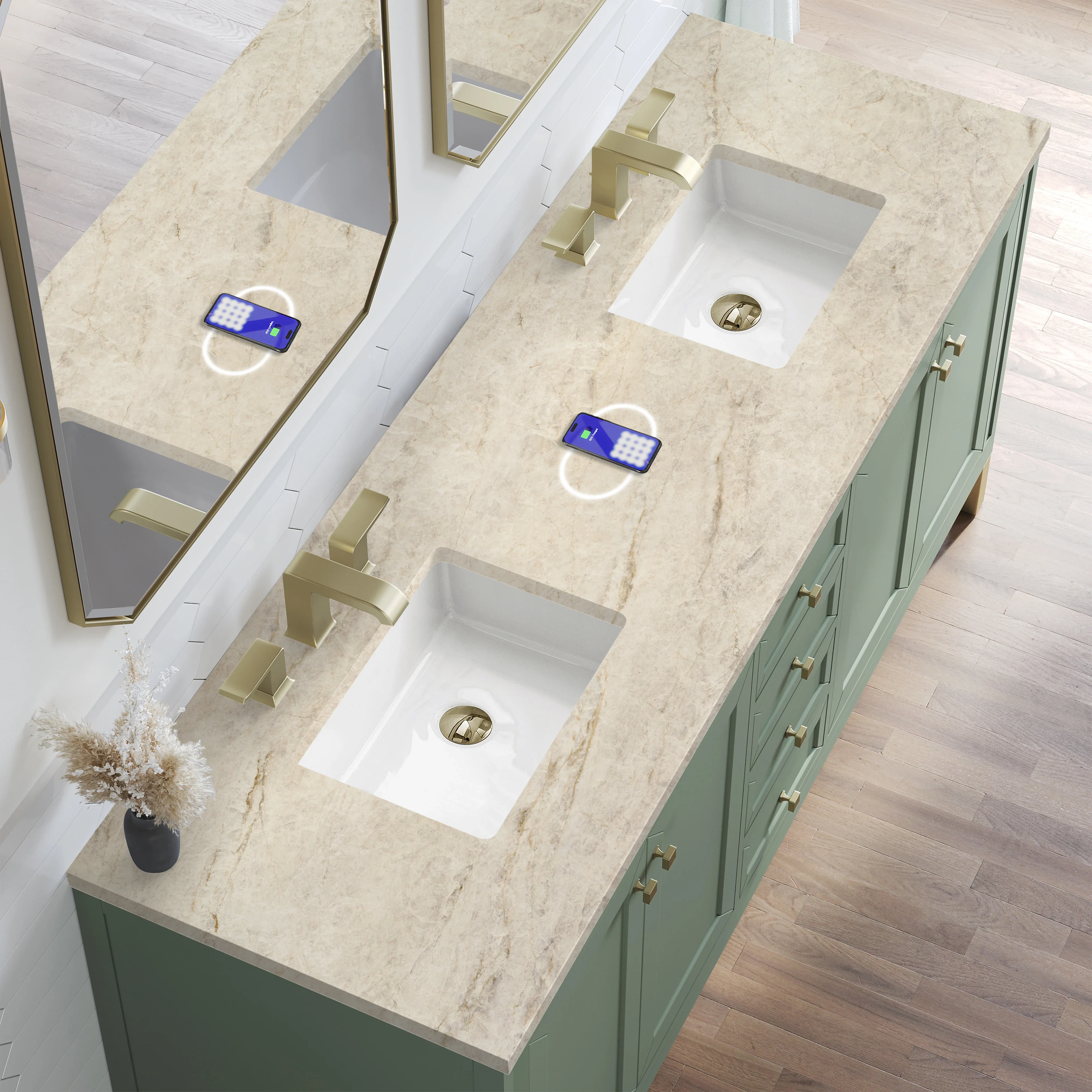 Chicago 72" Double Vanity, Smokey Celadon, w/ 3 CM Tajnar Eclos Top w/FreePower Wireless Charger