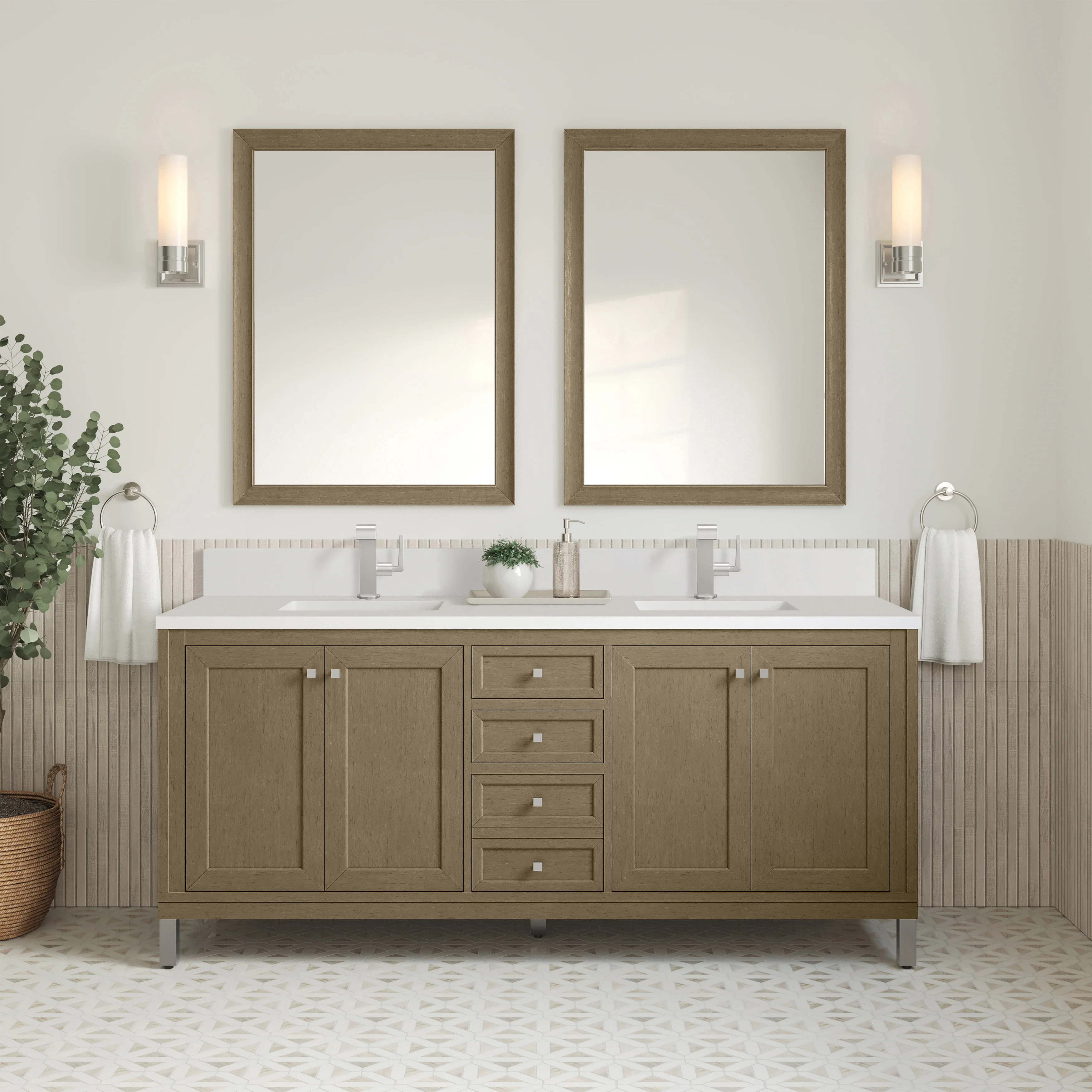 Chicago 72" Double Vanity, Walnut Whisper, w/ Single Hole 3CM White Zeus Silestone® Top & Backsplash