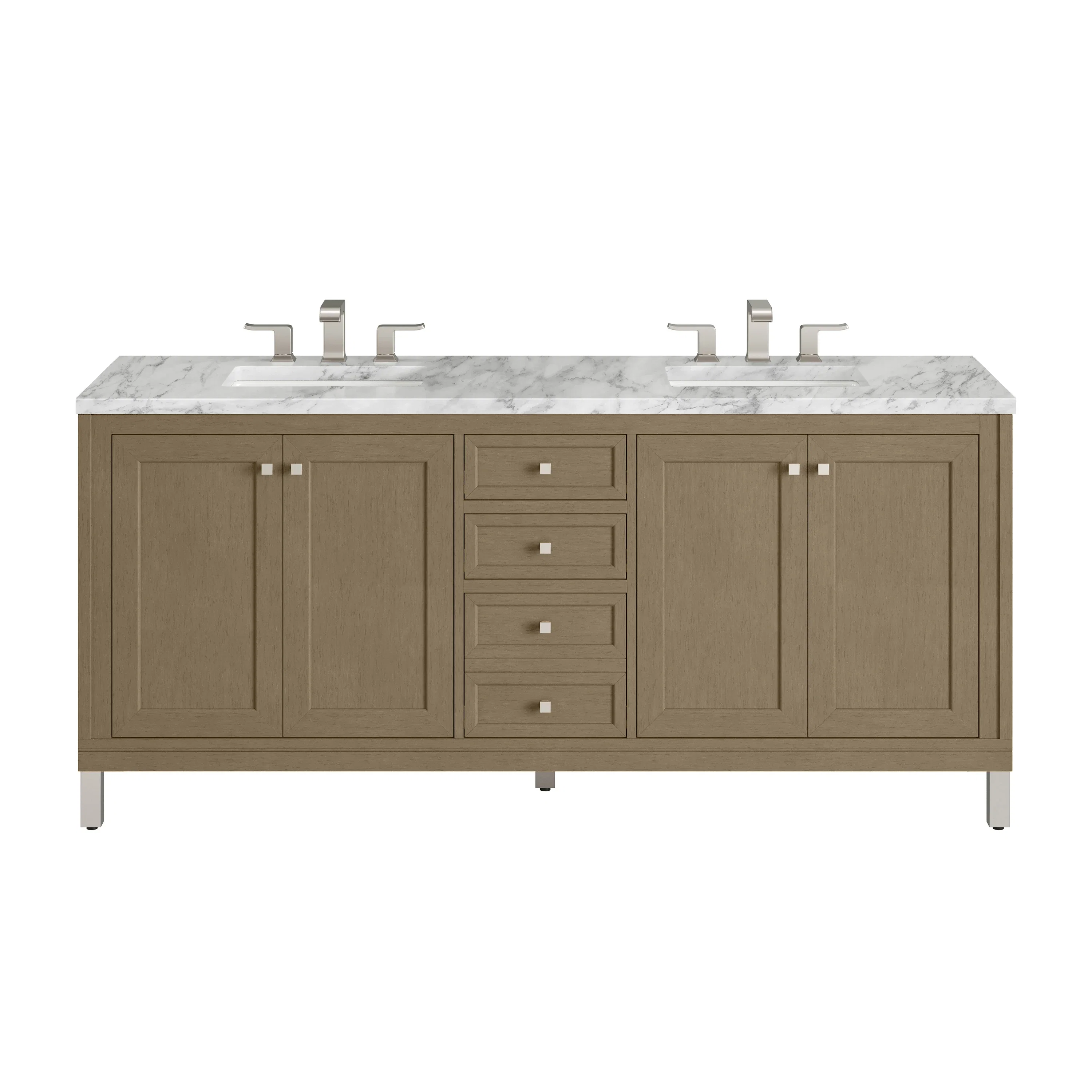 Chicago 72" Double Vanity, Walnut Whisper, w/ 3 CM Carrara Marble Top