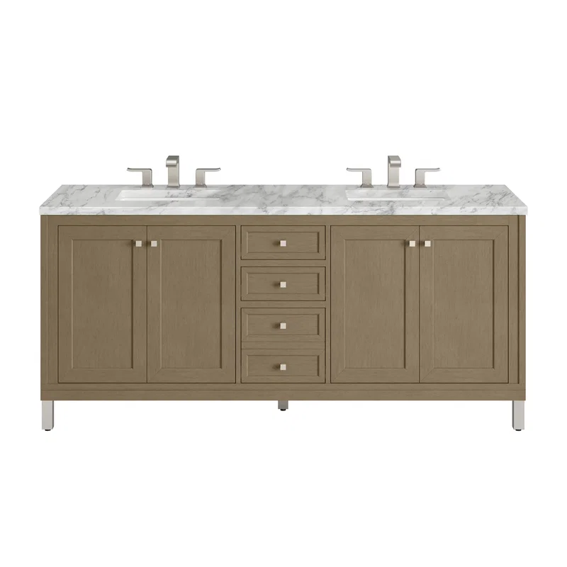 Chicago 72" Double Vanity, Walnut Whisper, w/ 3 CM Carrara Marble Top