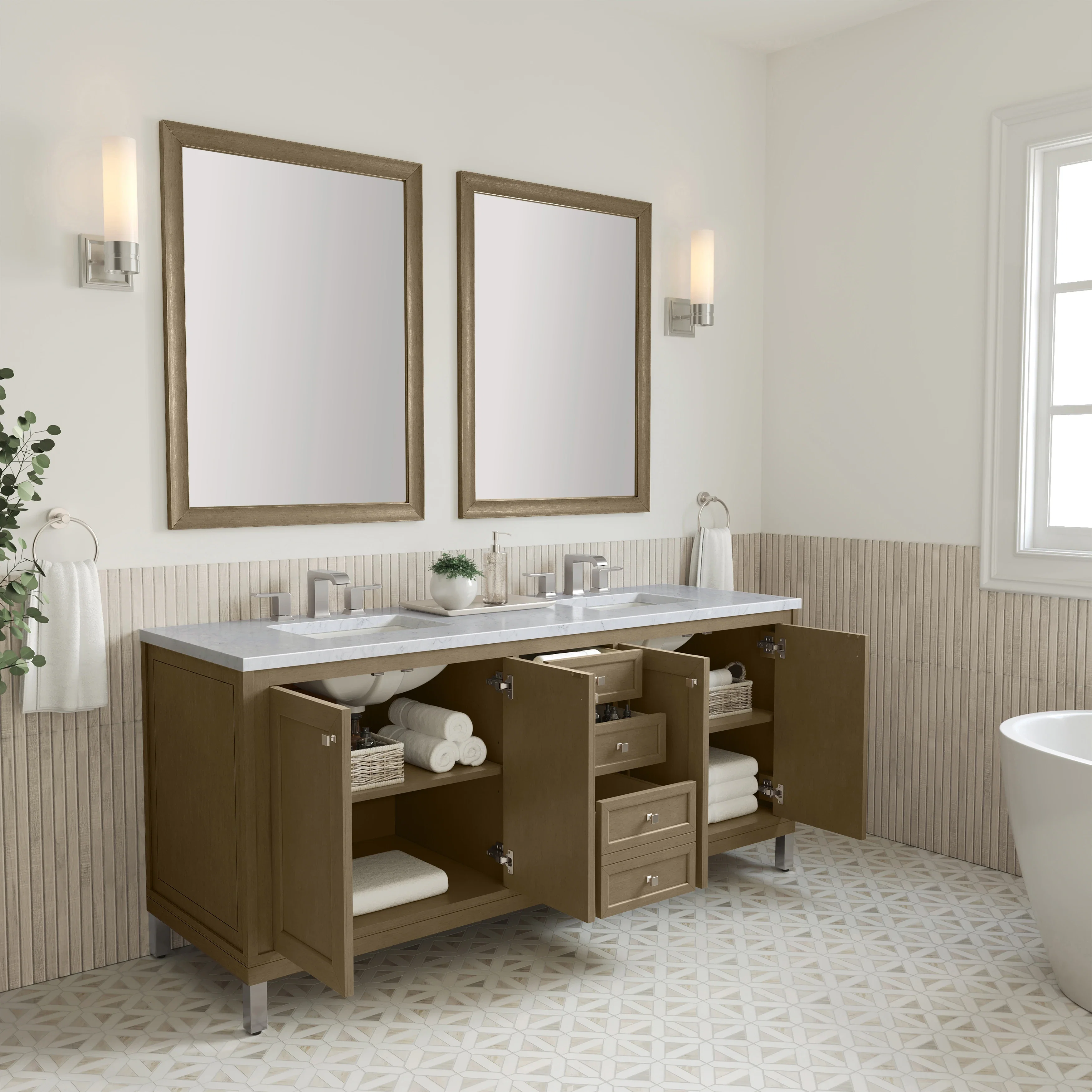 Chicago 72" Double Vanity, Walnut Whisper, w/ 3 CM Carrara Marble Top