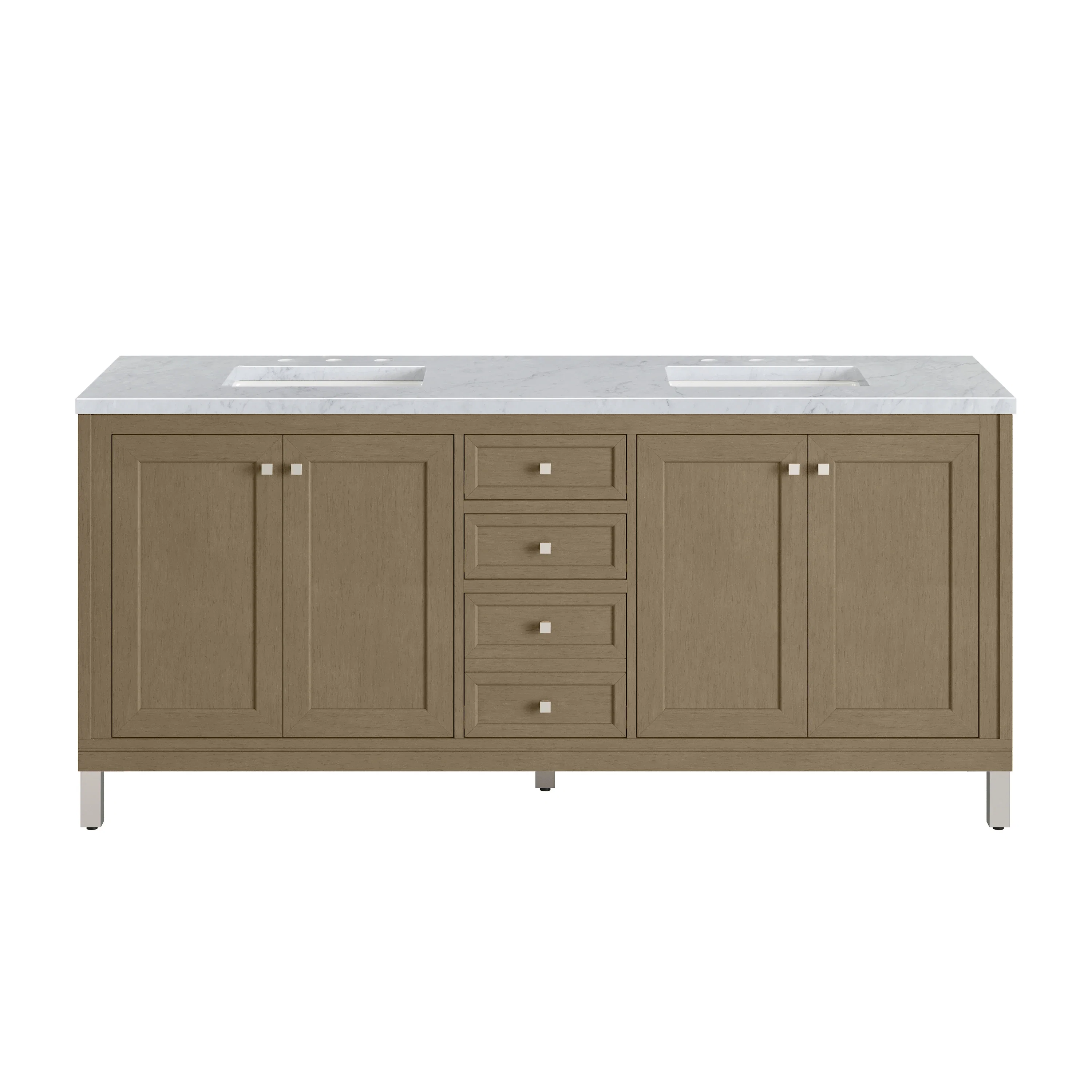Chicago 72" Double Vanity, Walnut Whisper, w/ 3 CM Carrara Marble Top