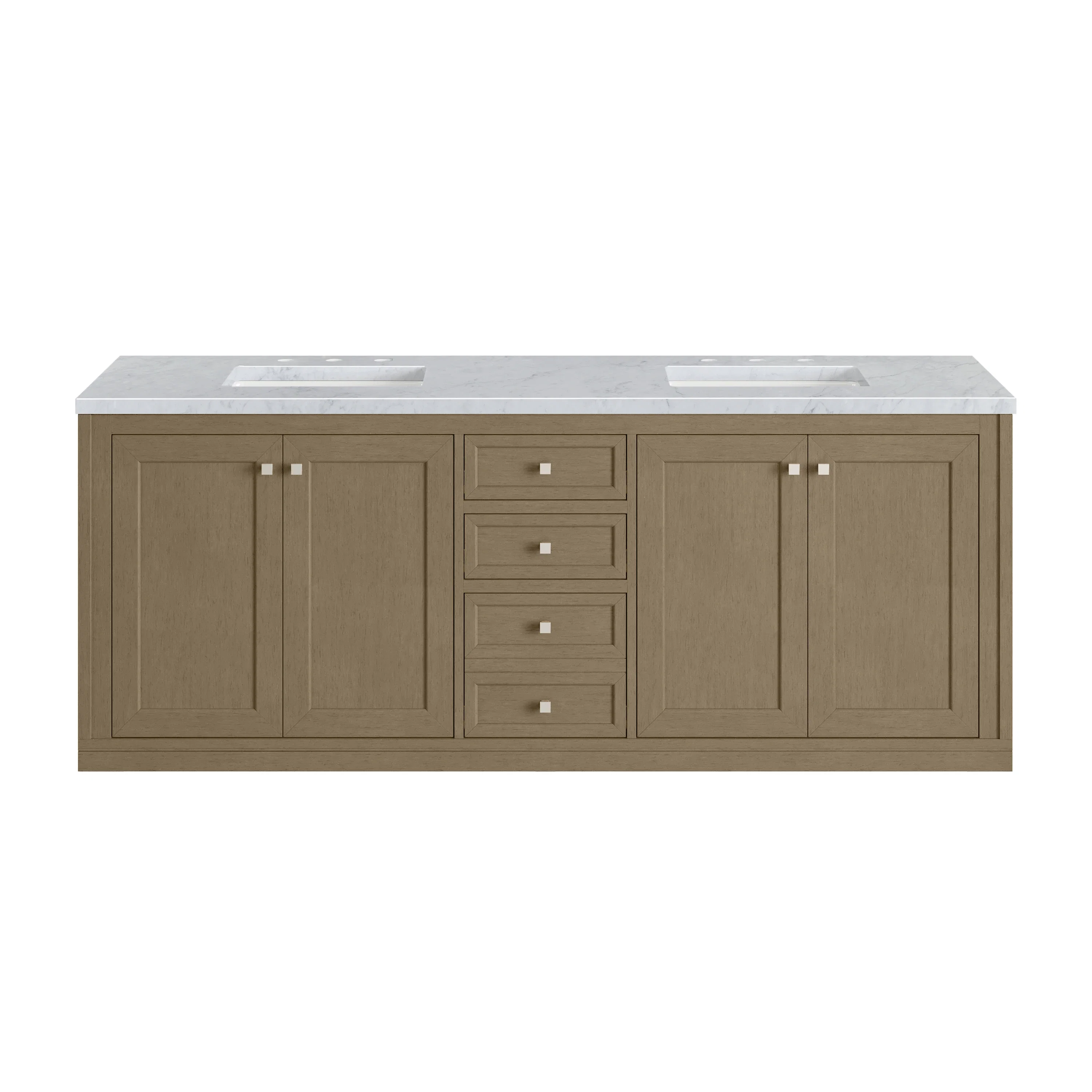 Chicago 72" Double Vanity, Walnut Whisper, w/ 3 CM Carrara Marble Top