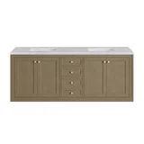 Chicago 72" Double Vanity, Walnut Whisper, w/ 3 CM Carrara Marble Top