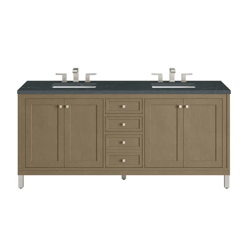 Chicago 72" Double Vanity, Walnut Whisper, w/ 3 CM Charcoal Soapstone Silestone® Top