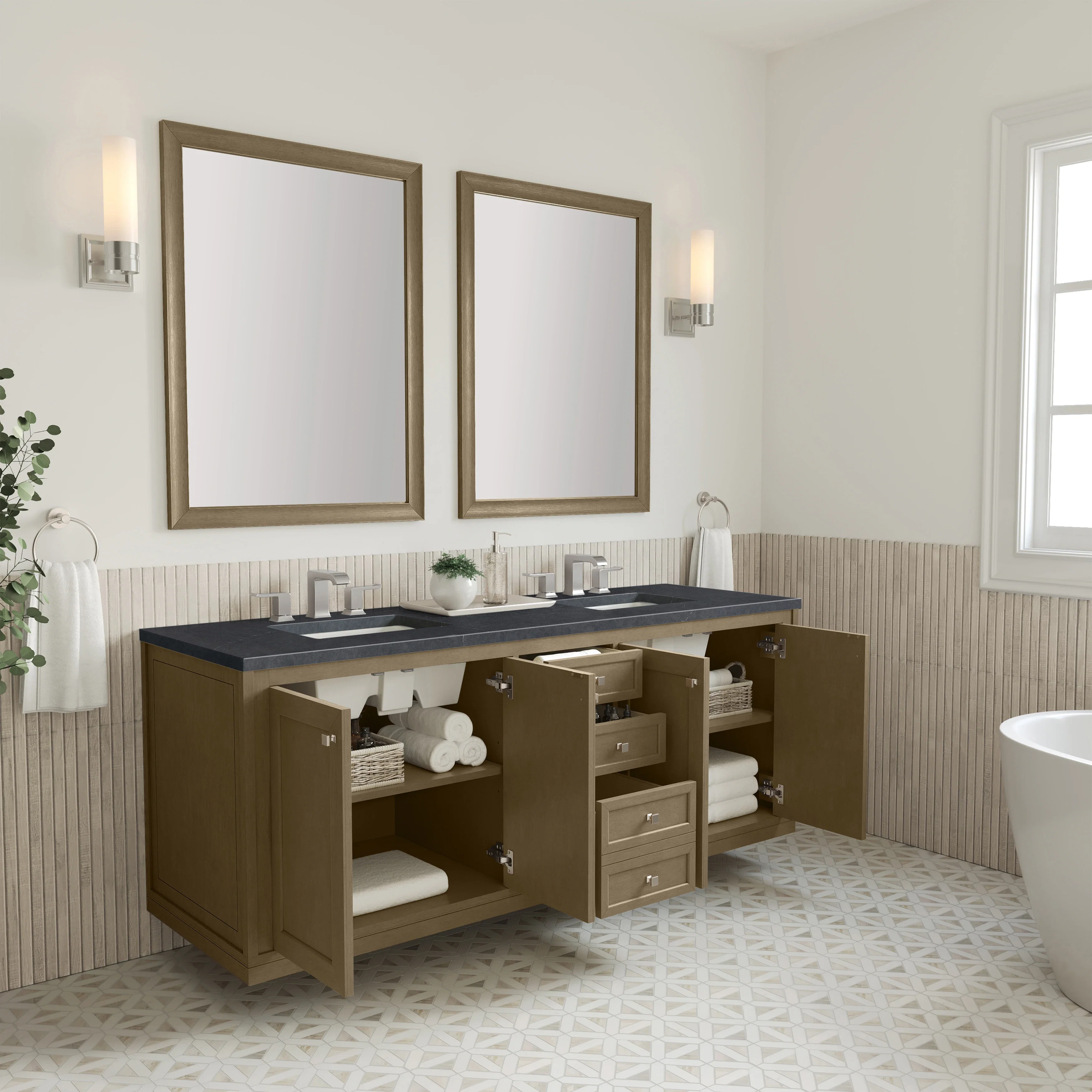 Chicago 72" Double Vanity, Walnut Whisper, w/ 3 CM Charcoal Soapstone Silestone® Top