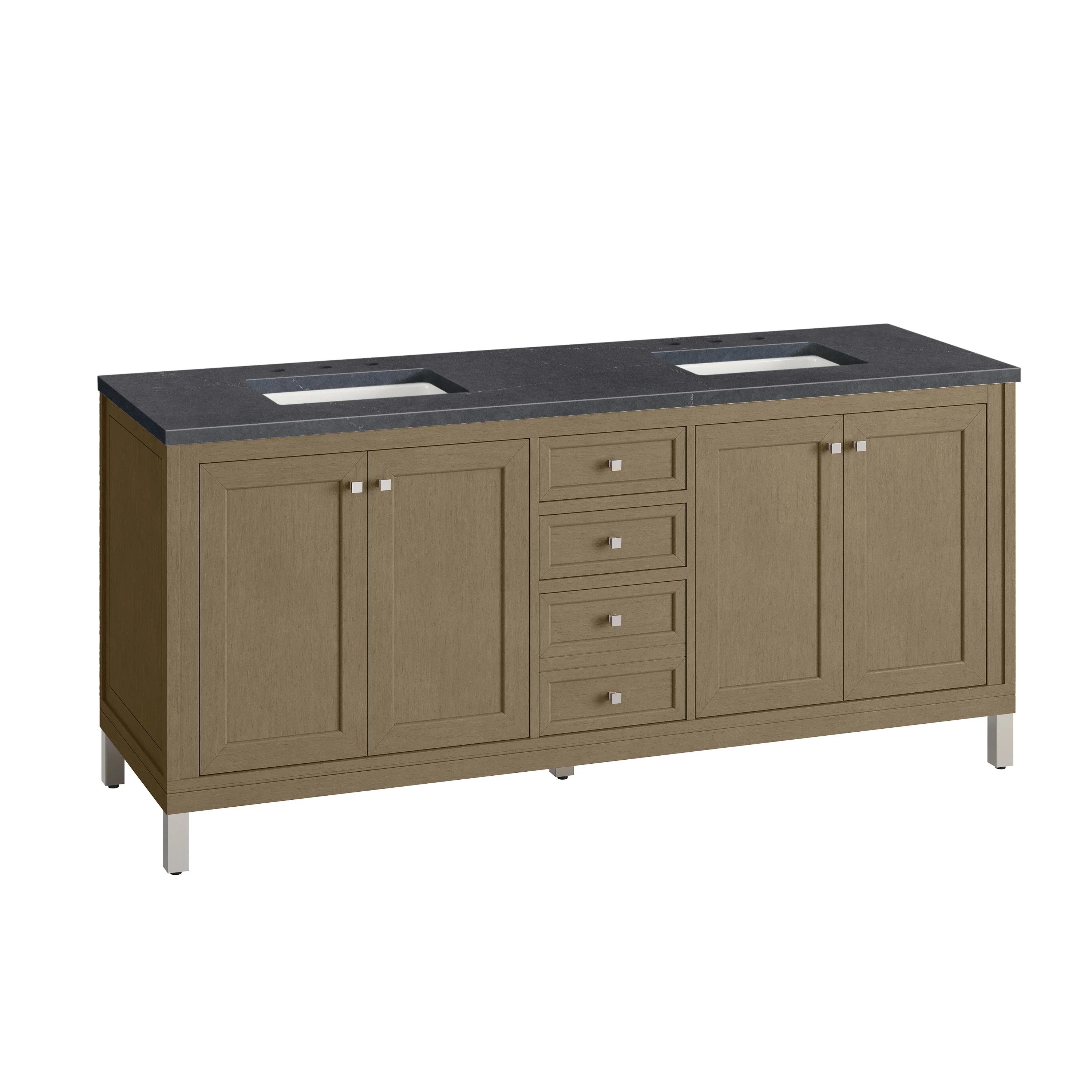 Chicago 72" Double Vanity, Walnut Whisper, w/ 3 CM Charcoal Soapstone Silestone® Top