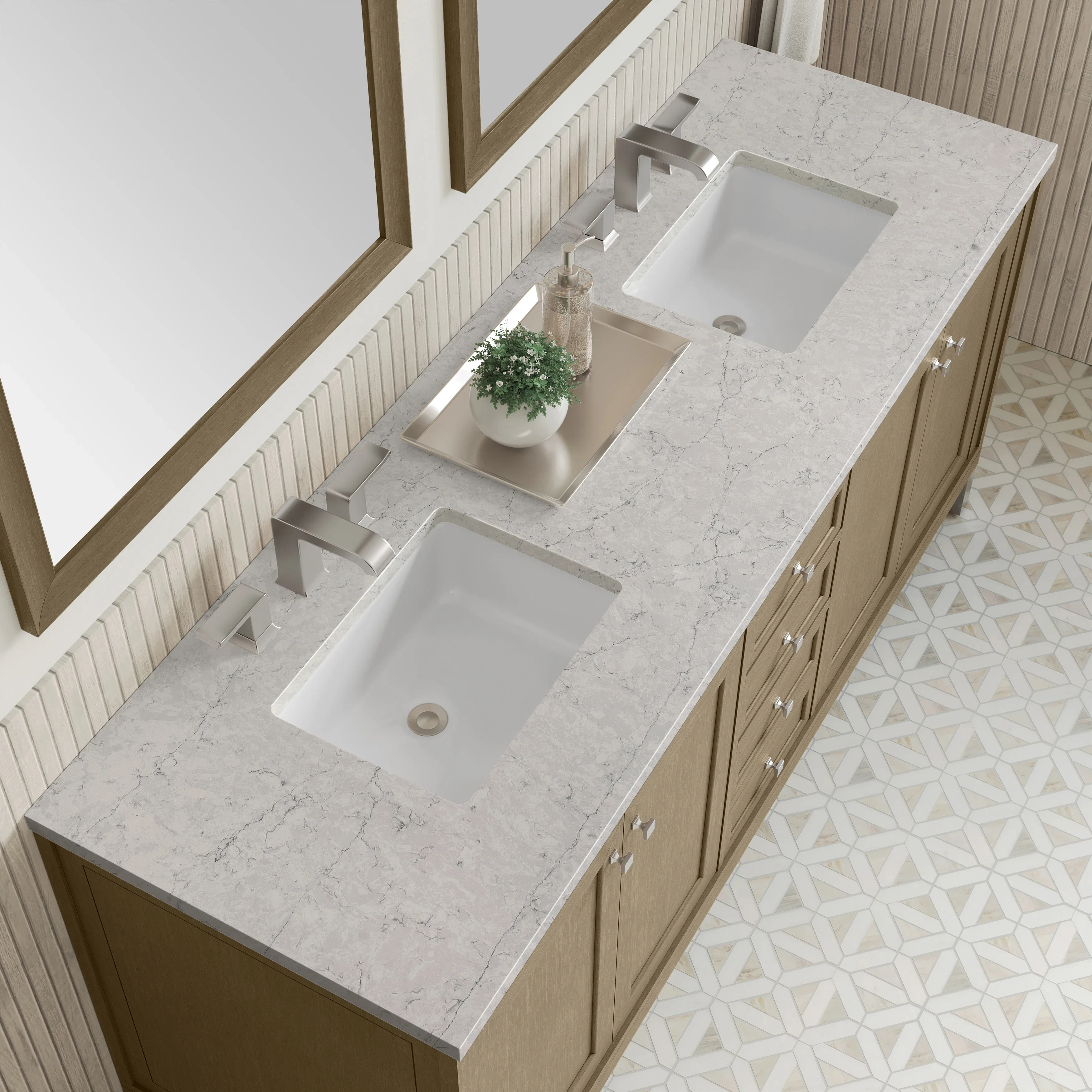 Chicago 72" Double Vanity, Walnut Whisper, w/ 3 CM Eternal Jasmine Pearl Silestone® Top