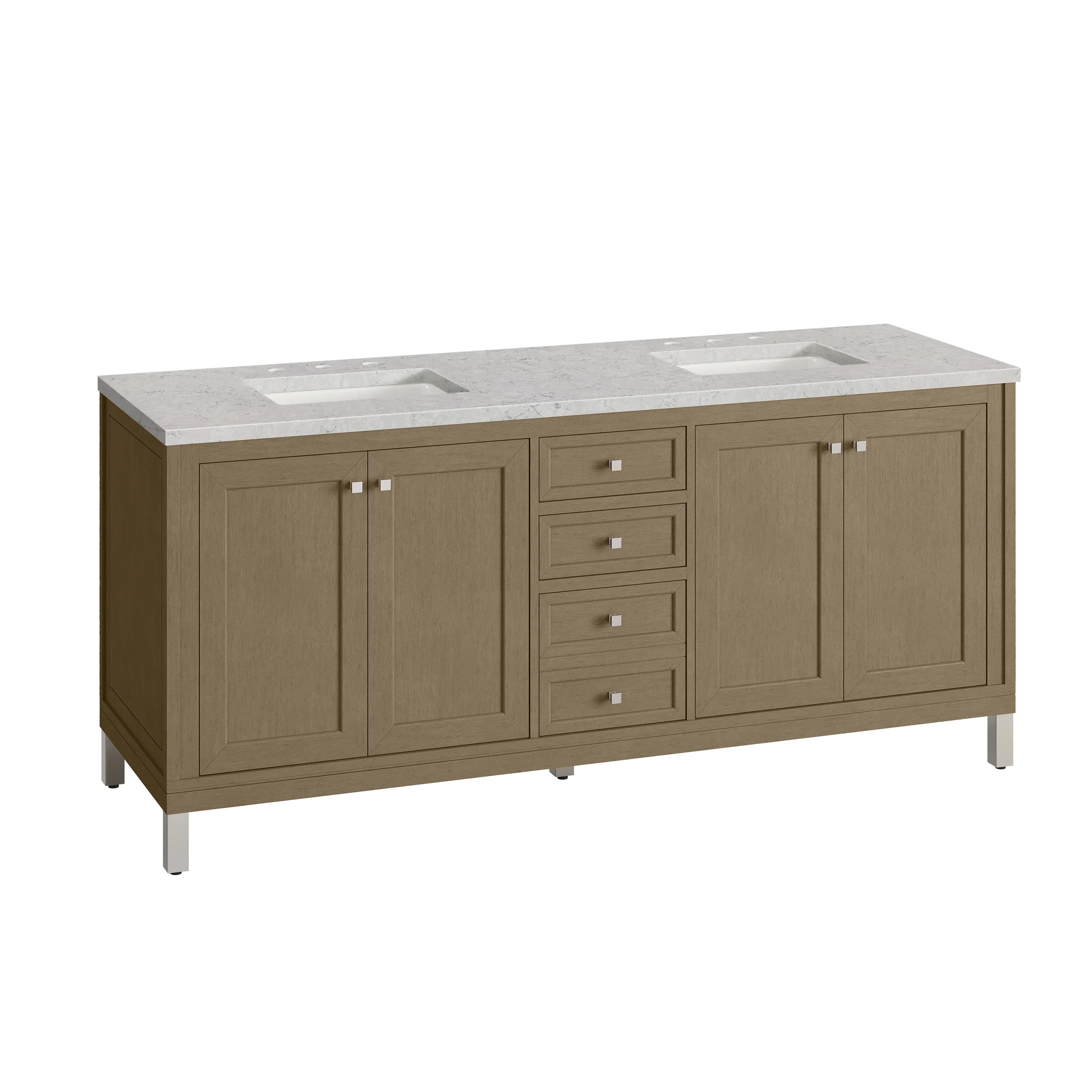 Chicago 72" Double Vanity, Walnut Whisper, w/ 3 CM Eternal Jasmine Pearl Silestone® Top