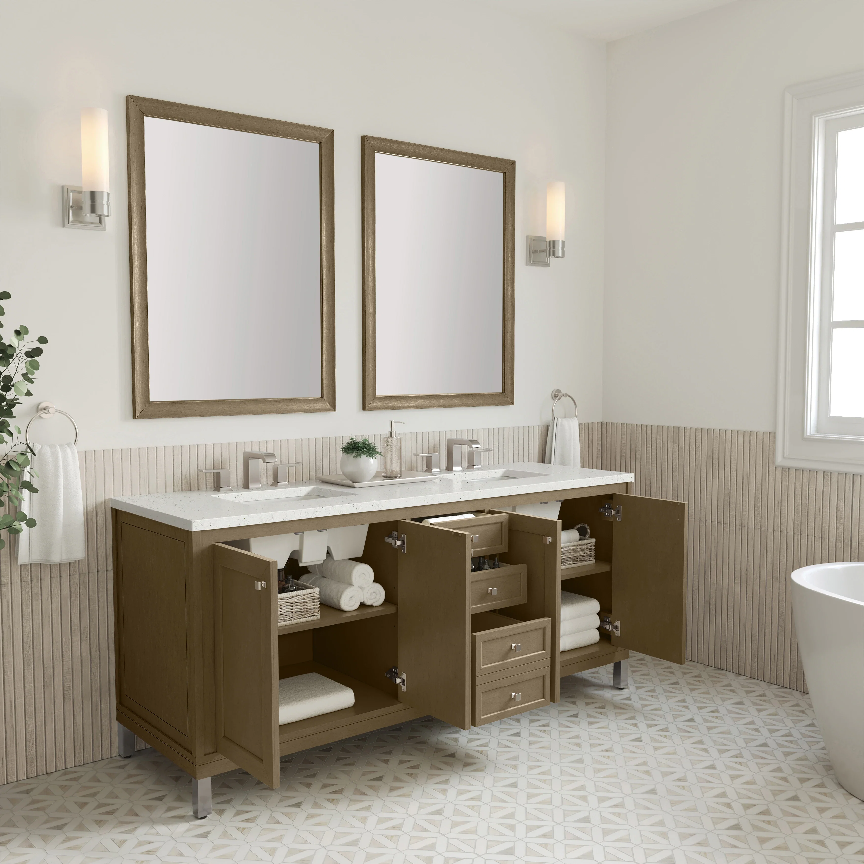 Chicago 72" Double Vanity, Walnut Whisper, w/ 3 CM Lime Delight Silestone® Top