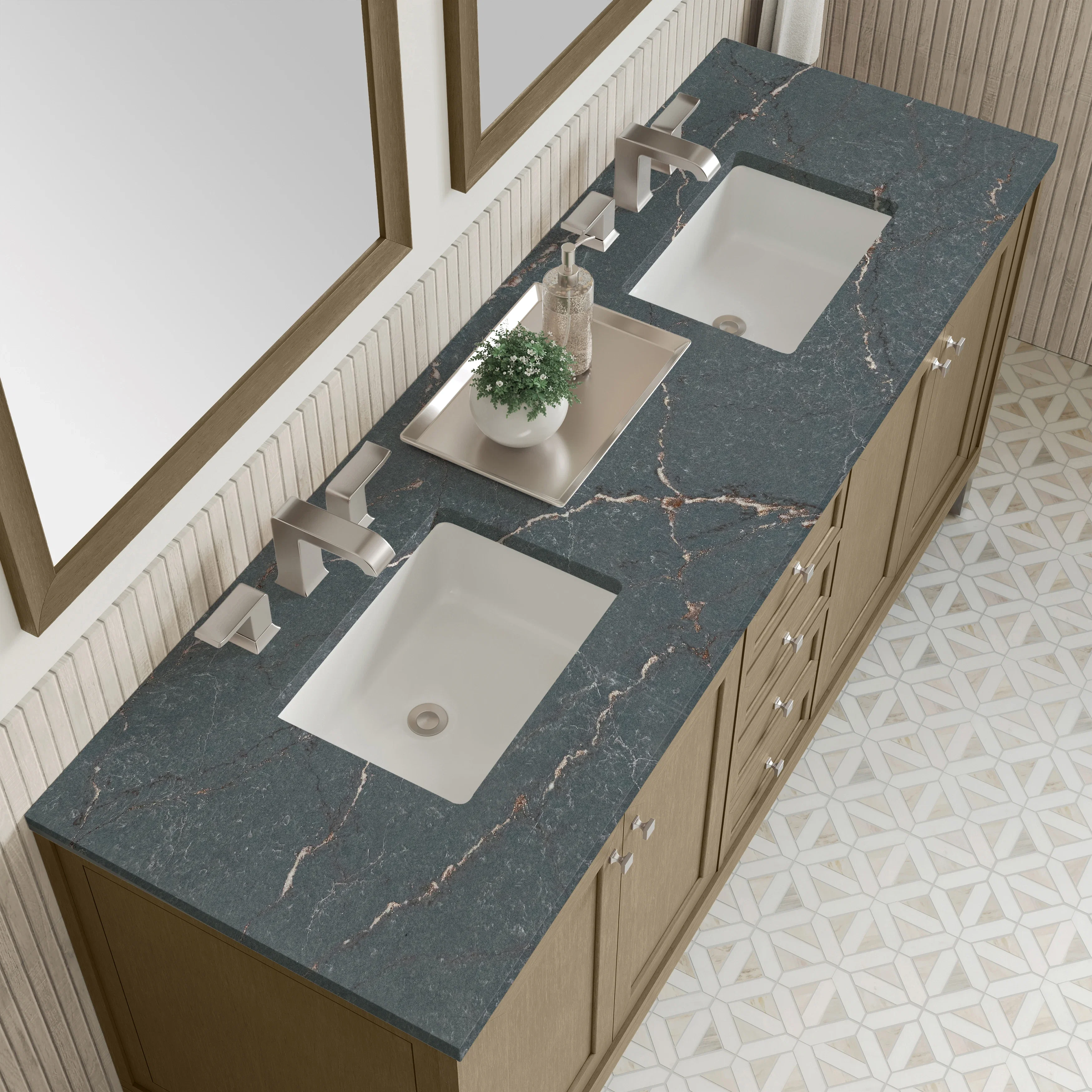Chicago 72" Double Vanity, Walnut Whisper, w/ 3 CM Parisien Bleu Silestone® Top