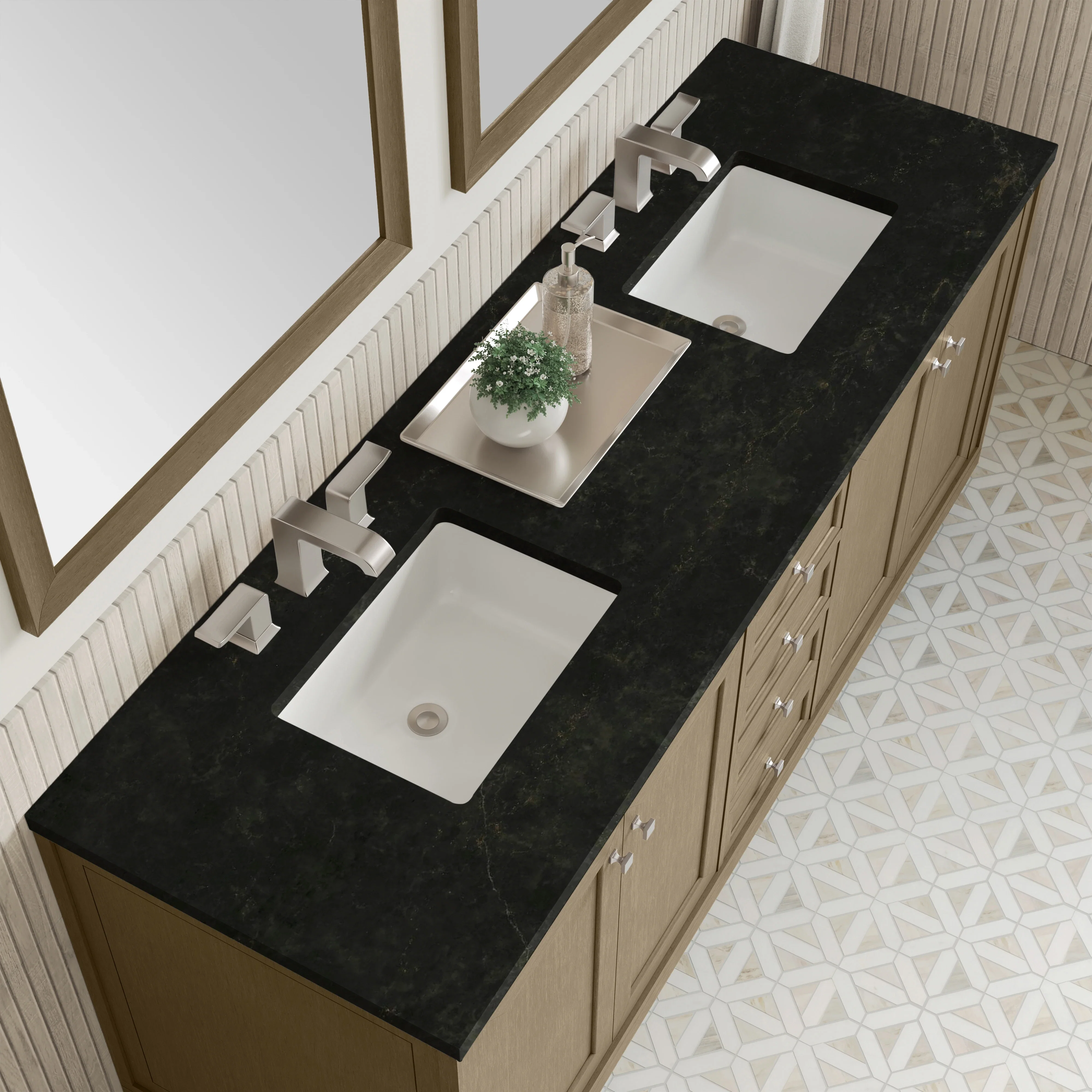 Chicago 72" Double Vanity, Walnut Whisper, w/ 3 CM Phantome Eclos Top