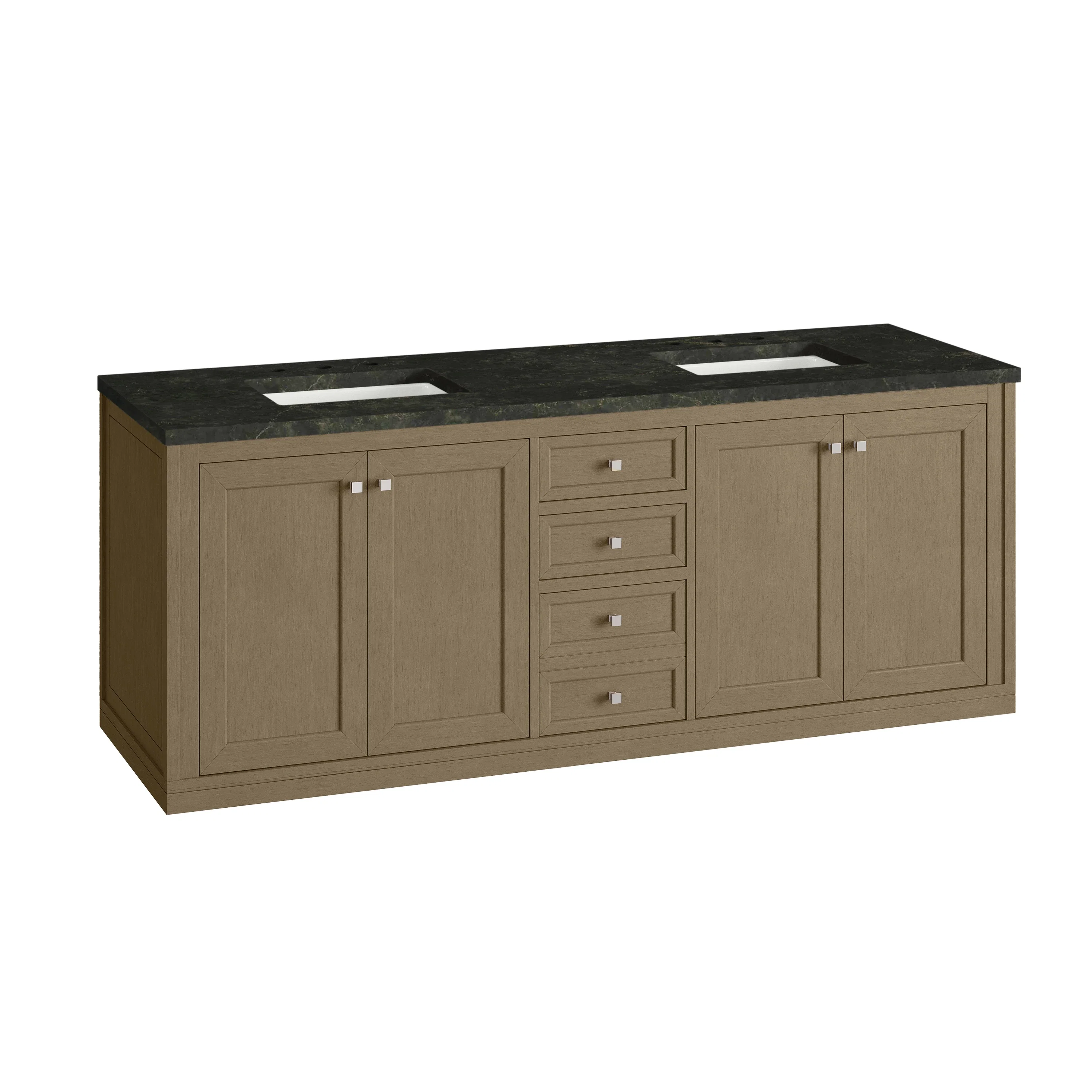 Chicago 72" Double Vanity, Walnut Whisper, w/ 3 CM Phantome Eclos Top