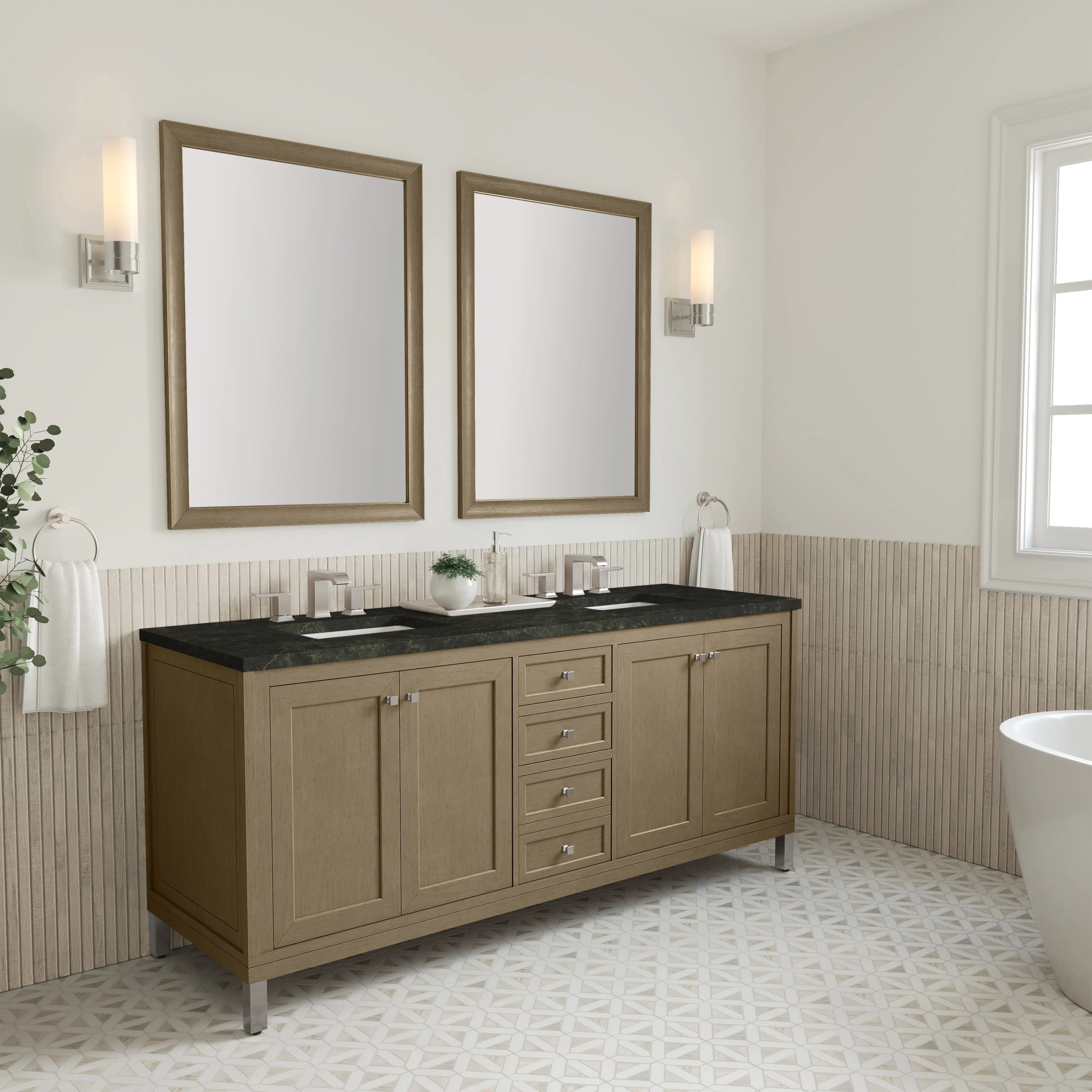 Chicago 72" Double Vanity, Walnut Whisper, w/ 3 CM Phantome Eclos Top