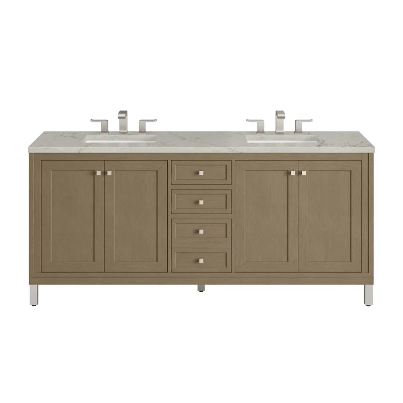 Chicago 72" Double Vanity, Walnut Whisper, w/ 3 CM Victorian Silver Silestone® Top