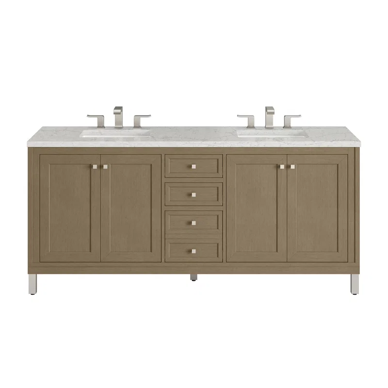 Chicago 72" Double Vanity, Walnut Whisper, w/ 3 CM Eternal Jasmine Pearl Silestone Top w/ FreePower Wireless Charger