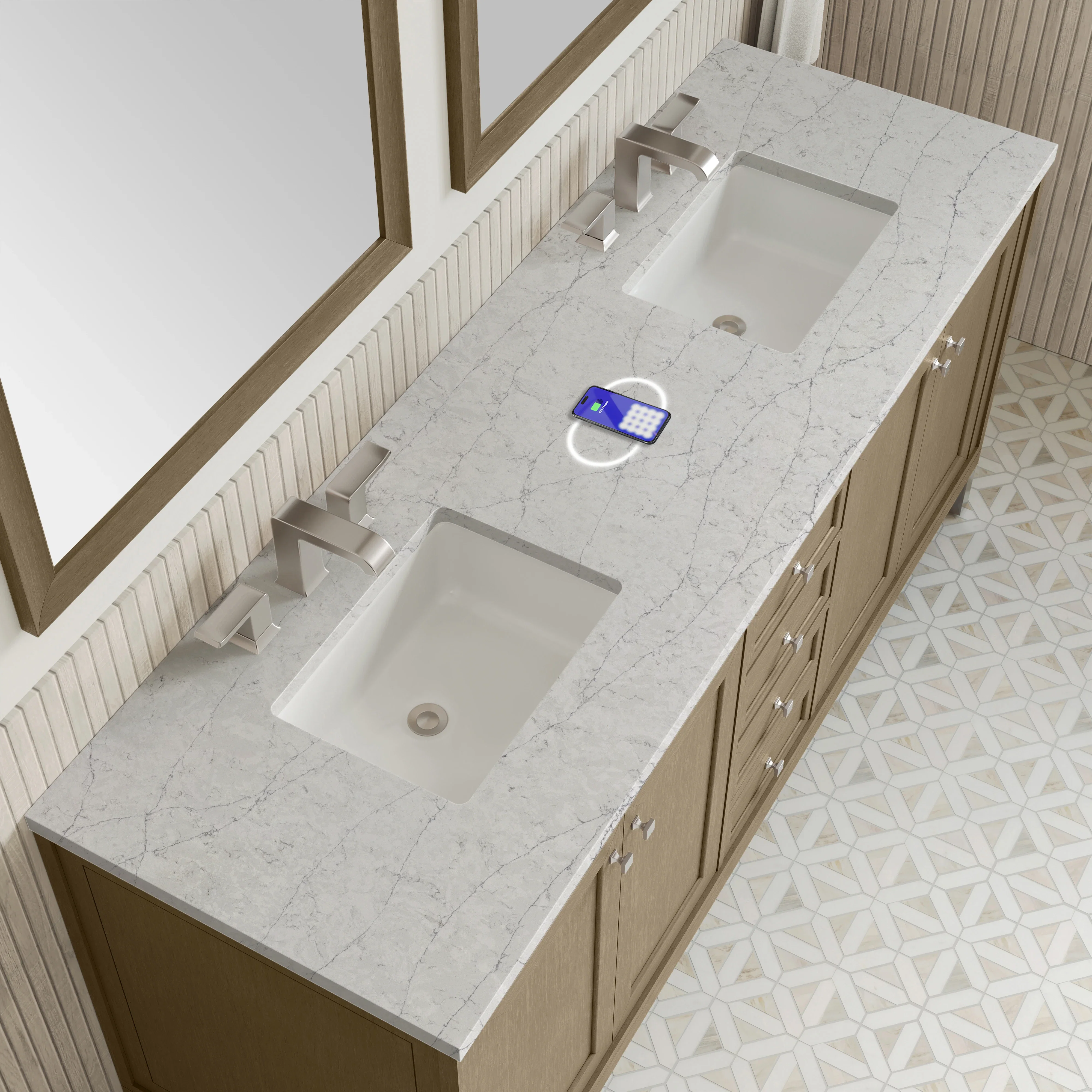 Chicago 72" Double Vanity, Walnut Whisper, w/ 3 CM Eternal Jasmine Pearl Silestone Top w/ FreePower Wireless Charger