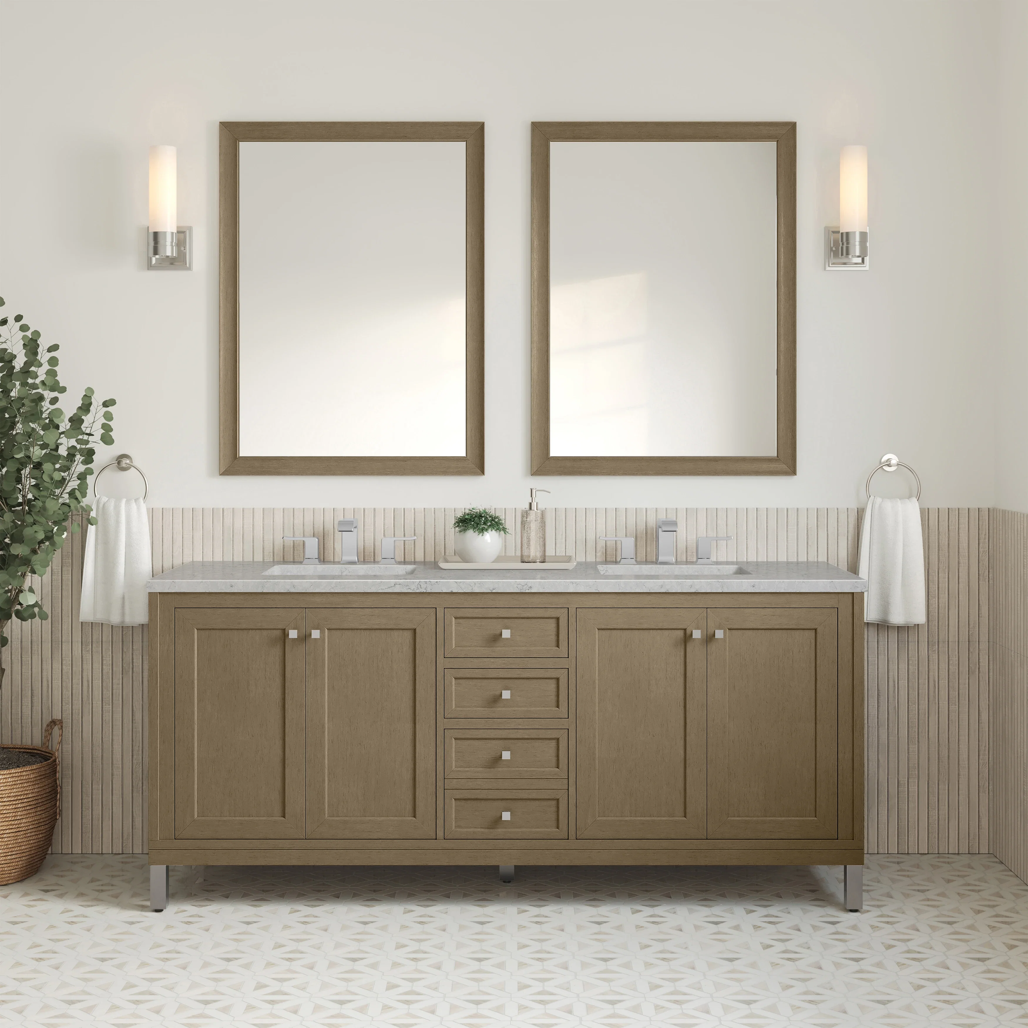 Chicago 72" Double Vanity, Walnut Whisper, w/ 3 CM Eternal Jasmine Pearl Silestone Top w/ FreePower Wireless Charger