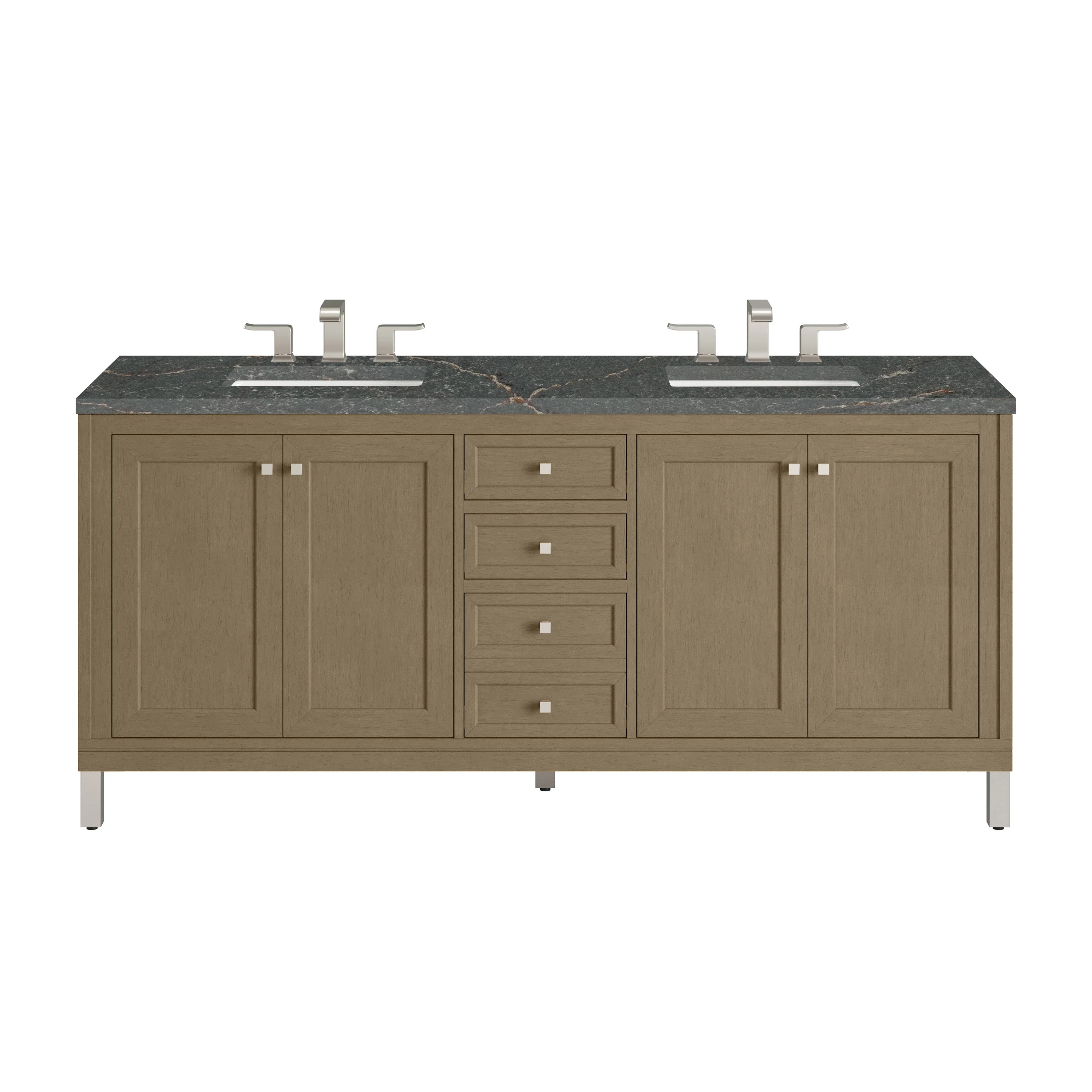Chicago 72" Double Vanity, Walnut Whisper, w/ 3 CM Parisien Bleu Silestone® Top w/FreePower Wireless Charger
