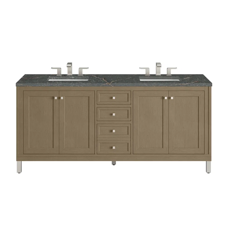 Chicago 72" Double Vanity, Walnut Whisper, w/ 3 CM Parisien Bleu Silestone® Top w/FreePower Wireless Charger