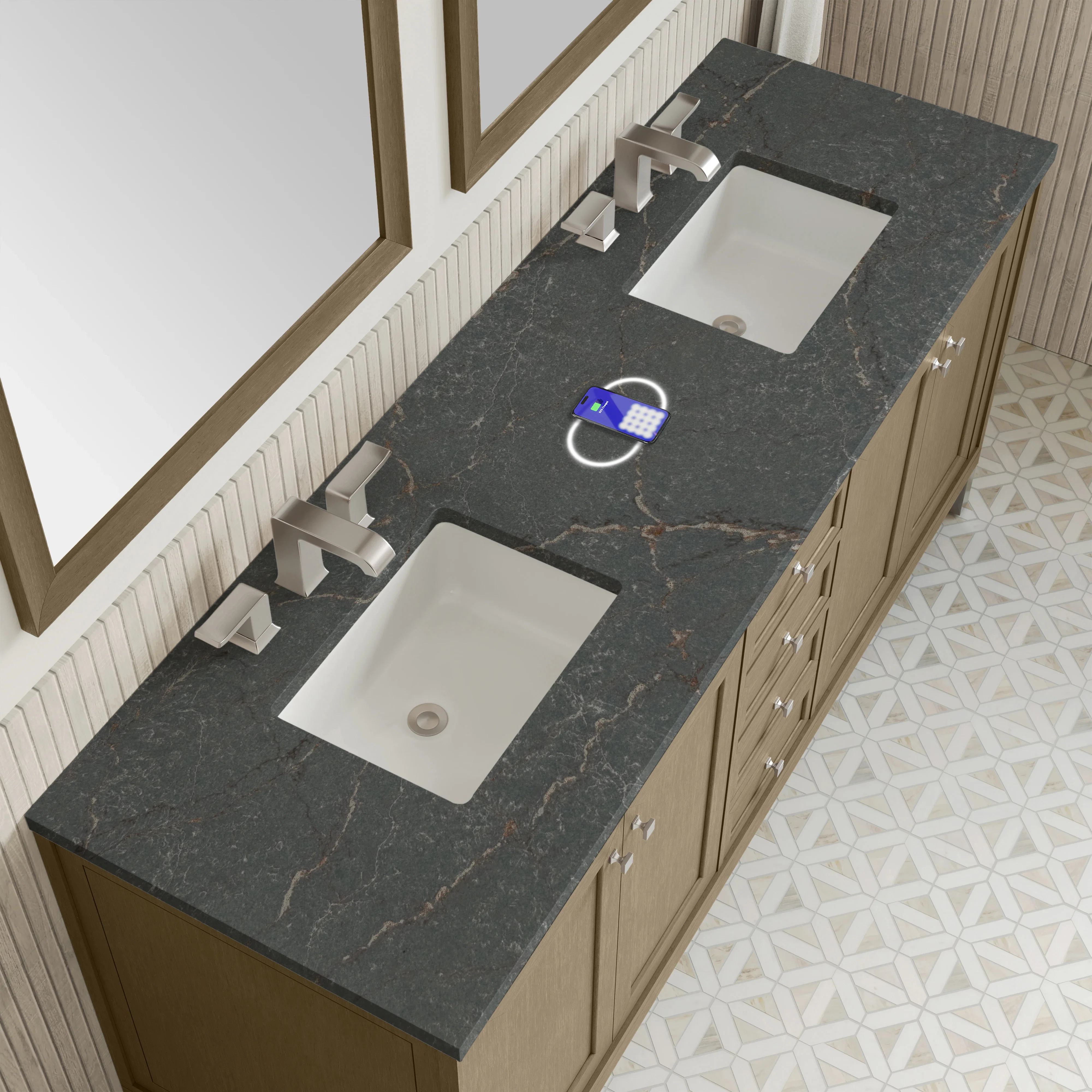 Chicago 72" Double Vanity, Walnut Whisper, w/ 3 CM Parisien Bleu Silestone® Top w/FreePower Wireless Charger